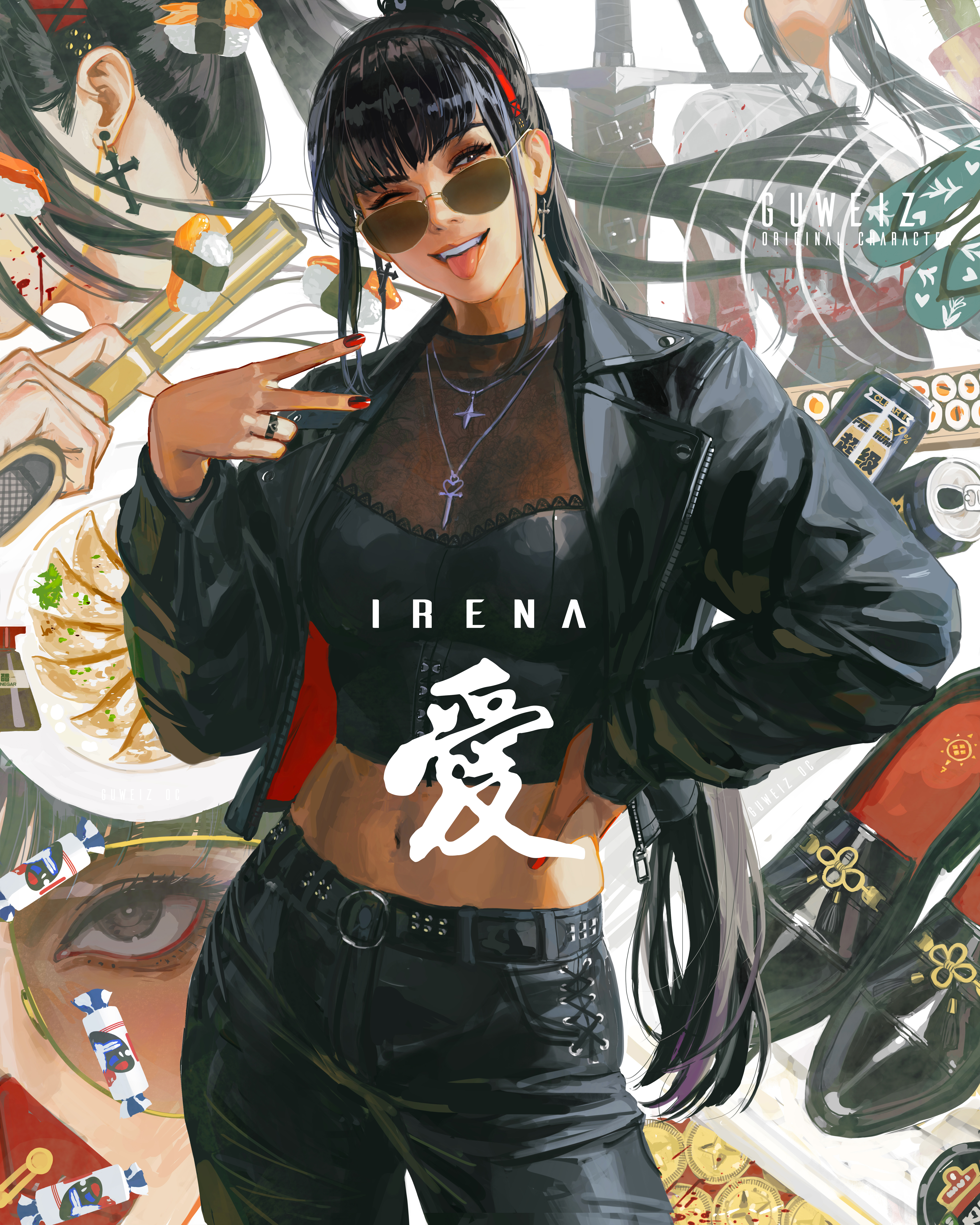 General 5600x7000 Irena (OC) artwork drawing GUWEIZ portrait display digital art caption women fictional character skinny original characters wink one eye closed tongues tongue out sunglasses women with shades cross necklace open jacket black jackets red nails painted nails long hair cross earrings peace sign looking away earring ponytail sushi food hands on waist Asian black eyes black hair can drink shoes candy plants gun girls with guns bare midriff plates jacket rings jewelry head tilt hairband blood zipper