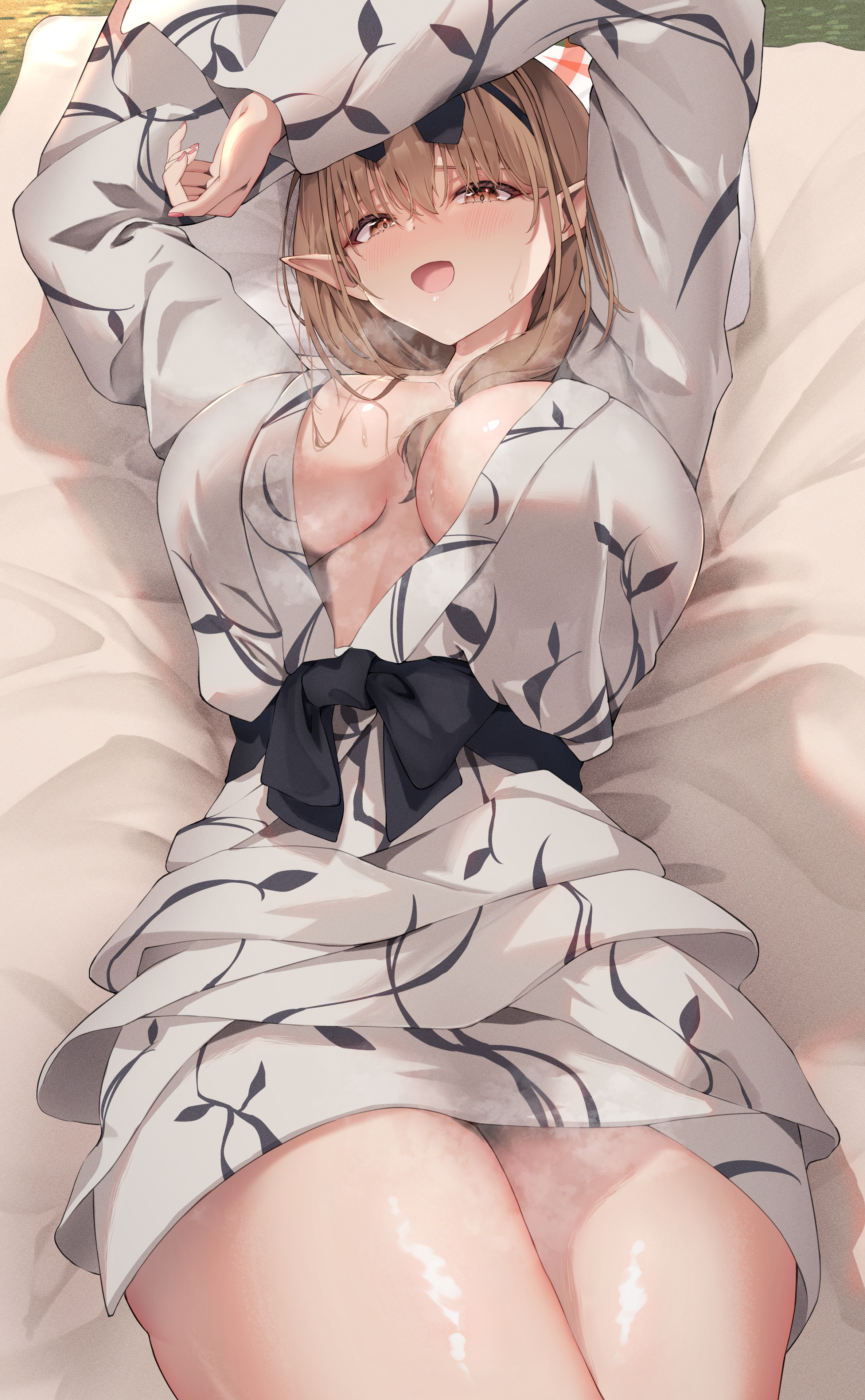 Anime 2373x3840 Blue Archive pointy ears portrait display long hair open mouth brunette Hinomiya Chinatsu in bed looking at viewer sweat sweaty body kimono yukata blushing lying down no bra Enoha lying on back huge breasts thighs anime girls skinny hair between eyes smiling