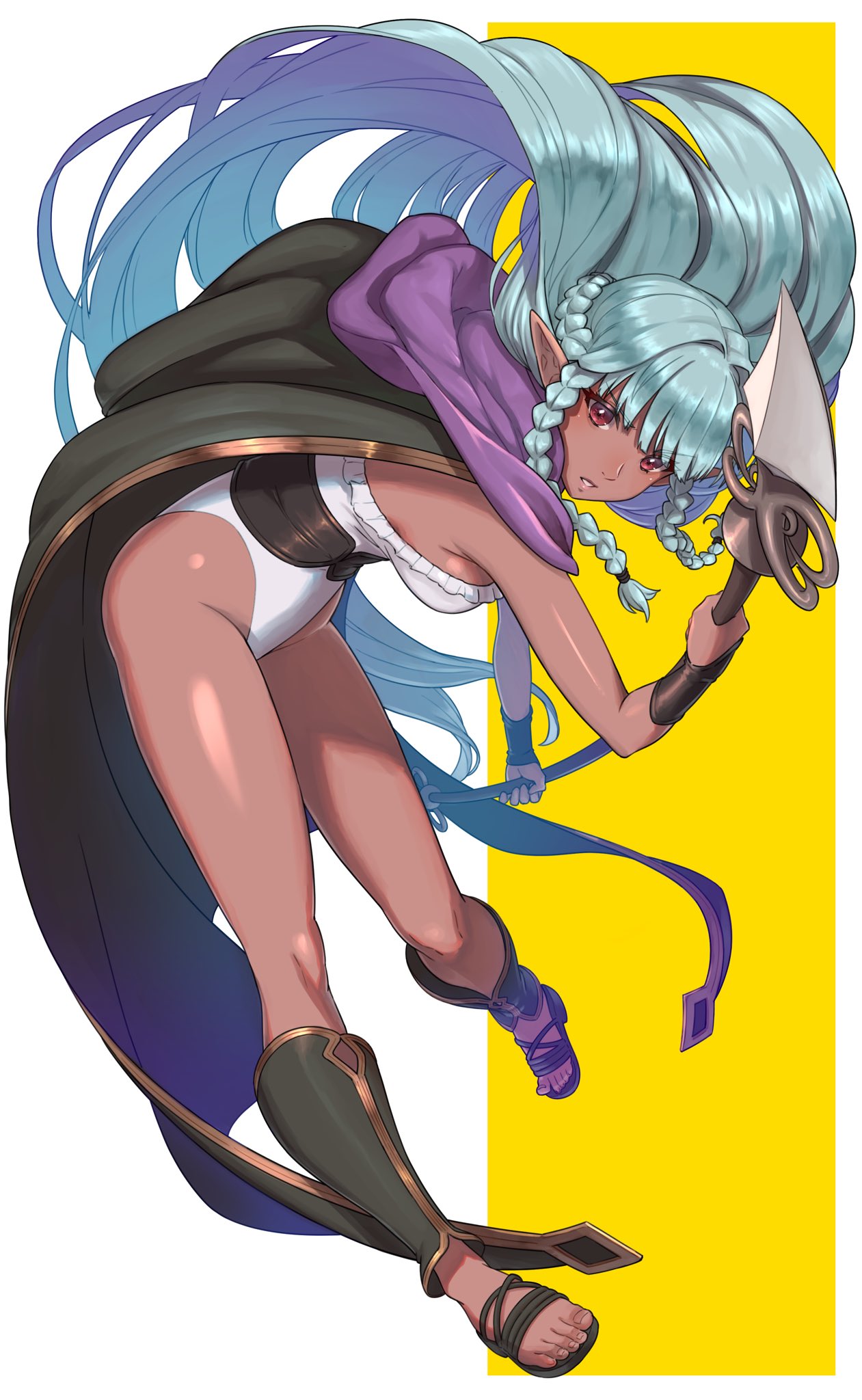 Anime 1261x2048 Unicorn Overlord long hair portrait display dark elf Rosalinde (Unicorn Overlord) looking at viewer braids white leotard parted lips simple background elves weapon cape toes Aduti Momoyama leotard thighs lance boobs
