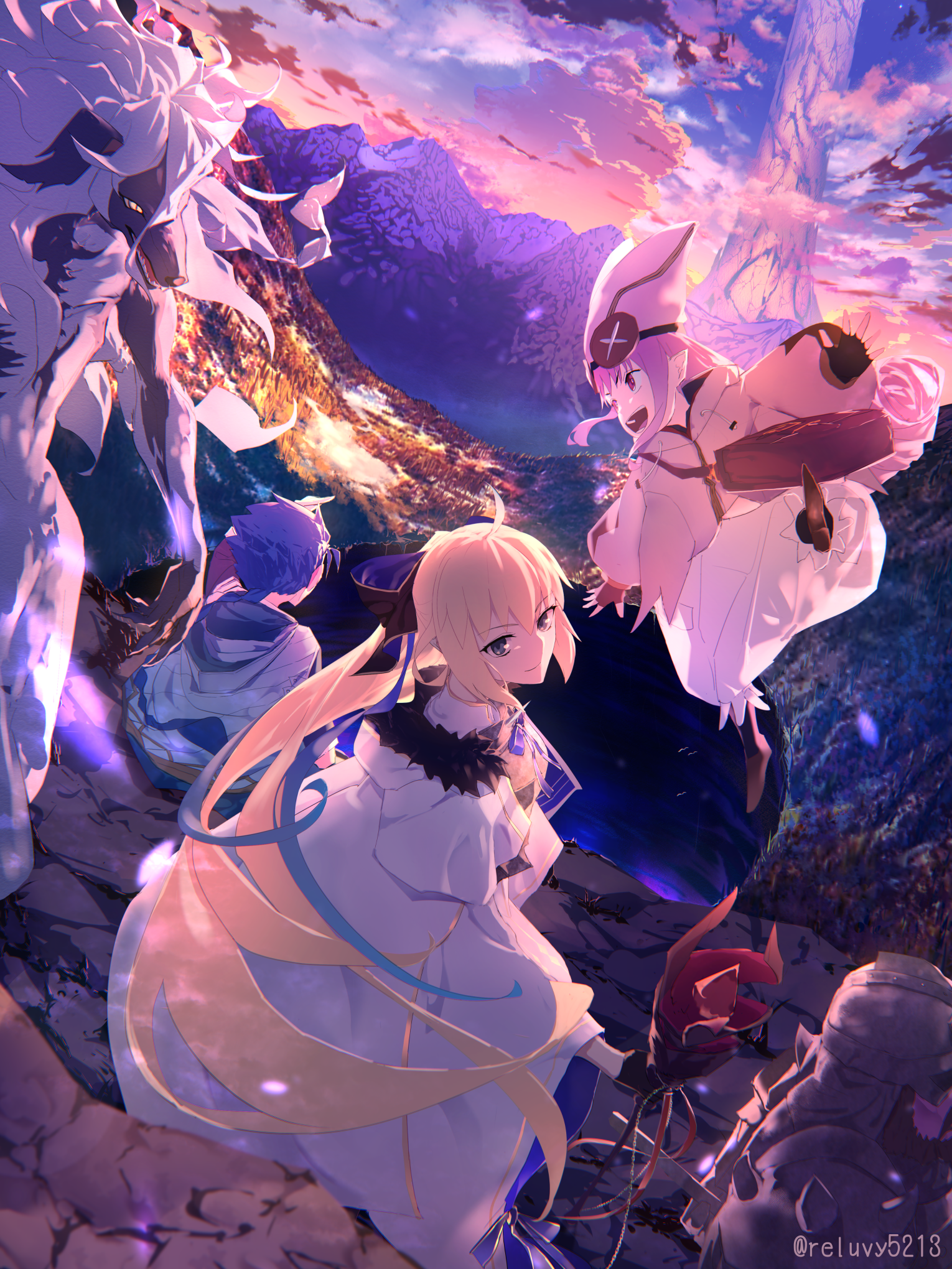 Anime 1530x2040 Fate series outdoors portrait display long hair group of people sunrise Tonelico (Fate) Beryl Gut Cu Chulainn (Fate) Reluvy Habetrot (Fate) mountains Setanta (Fate) sitting looking back clouds looking at viewer sky