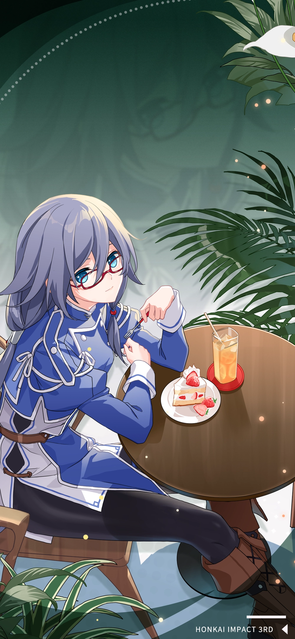 Anime 1000x2167 Honkai Impact Honkai Impact 3rd Fu Hua video game characters CGI video game girls sitting video game art table video games cake fork leaves fruit strawberries closed mouth glasses women with glasses gray hair blue eyes long sleeves uniform sweets drink plants drinking straw ice cubes anime games chair