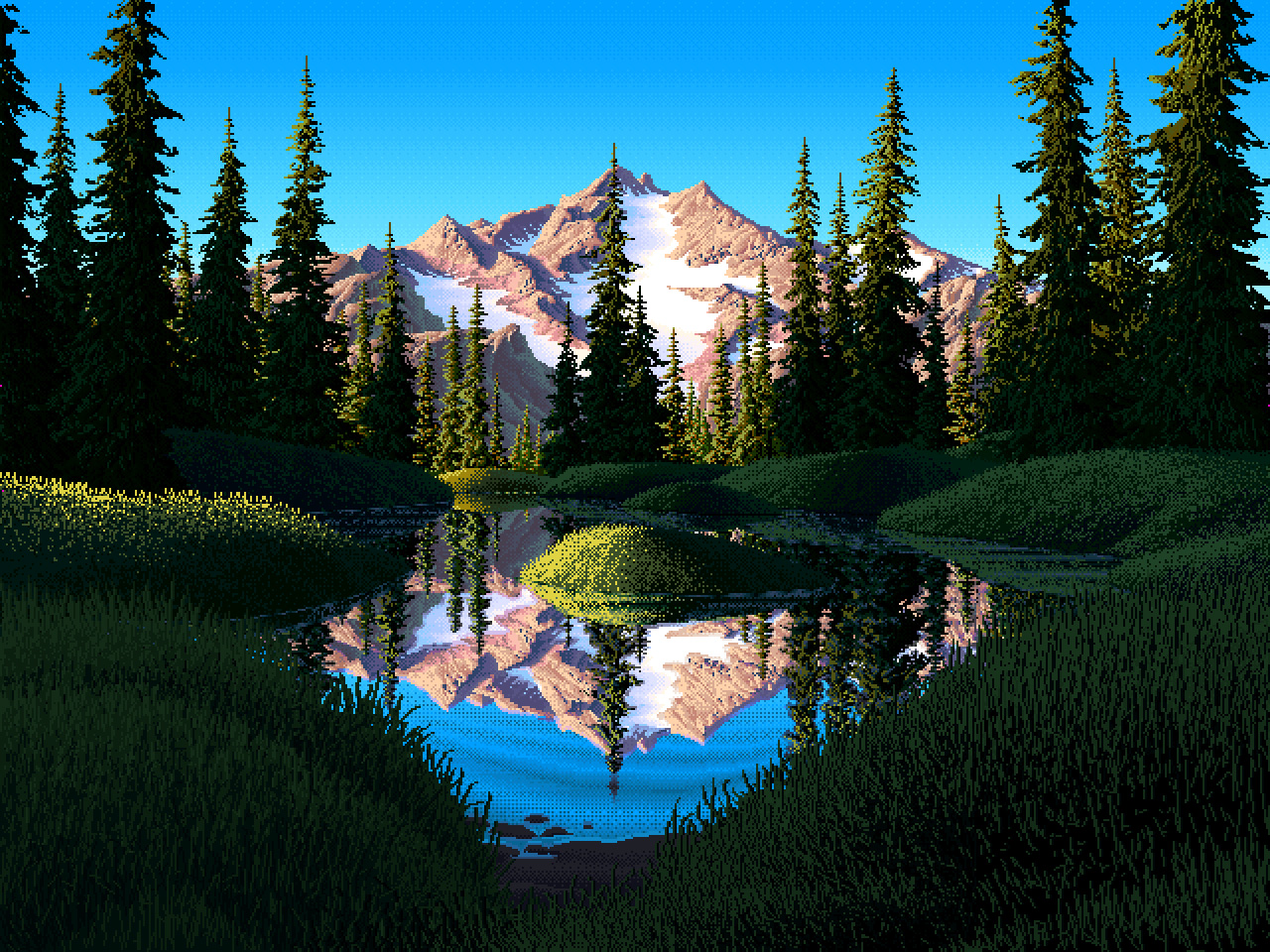 General 1280x960 pixel art nature outdoors landscape digital art video game art mountains lake reflection Mark Ferrari
