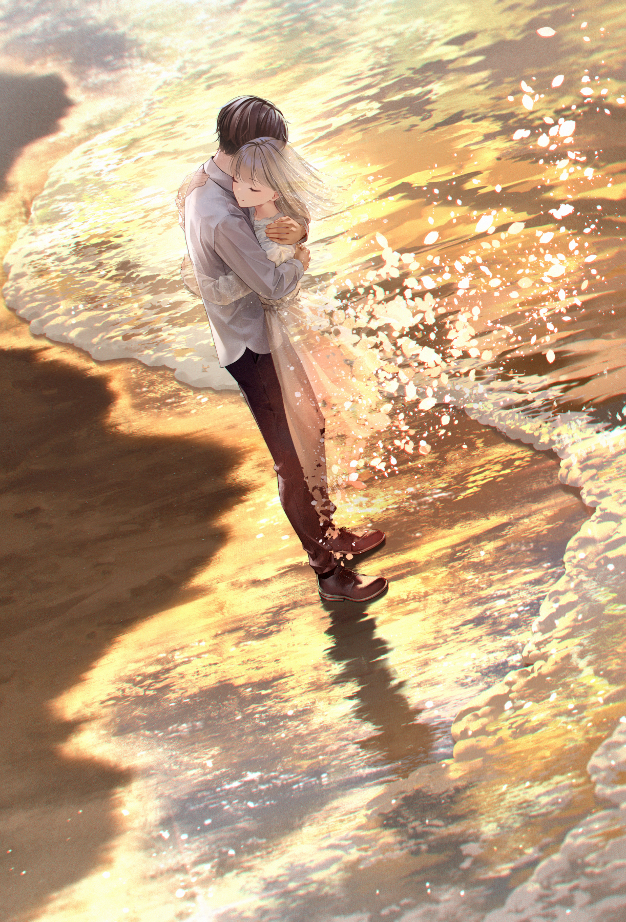 Anime 1222x1800 Sawasawa portrait display beach closed eyes couple hugging water waves ghost sunset sea dress wind floating particles standing smiling