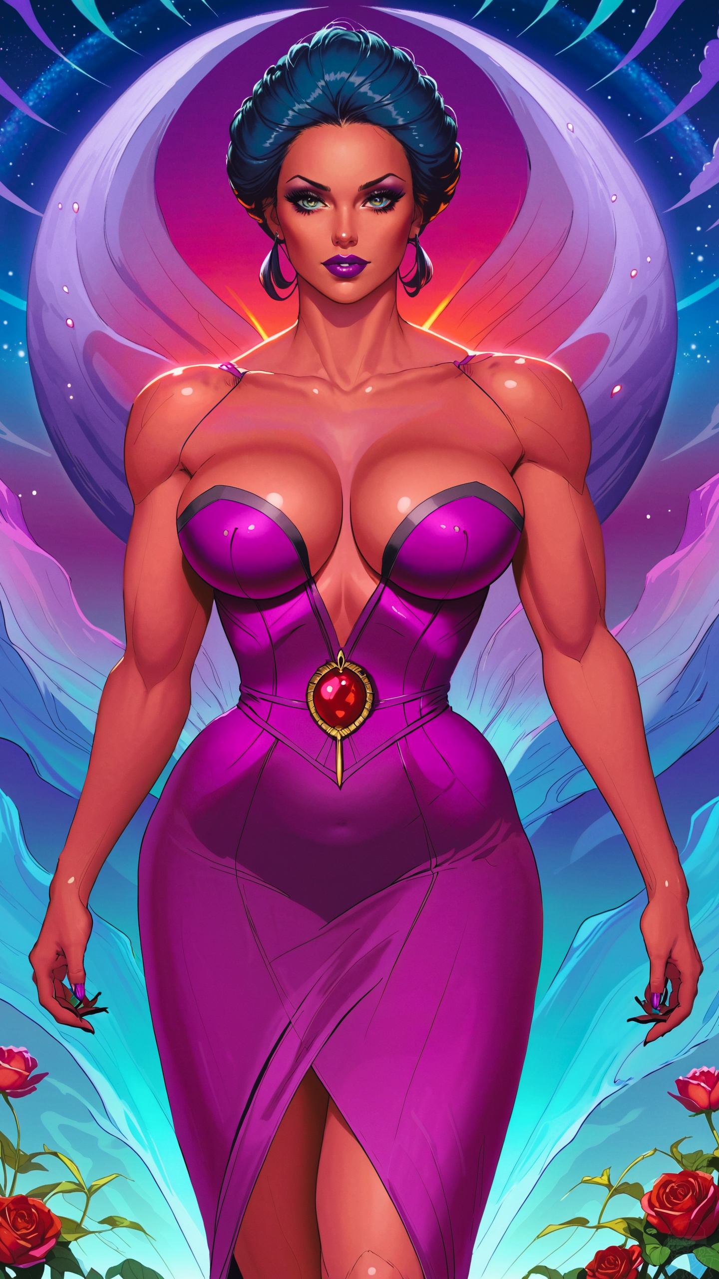 General 1440x2560 AI art digital art dar0z artwork strong woman red skin purple dress blue hair purple lipstick standing looking at viewer rose bare shoulders cleavage cleavage cutout big boobs portrait display dress parted lips juicy lips