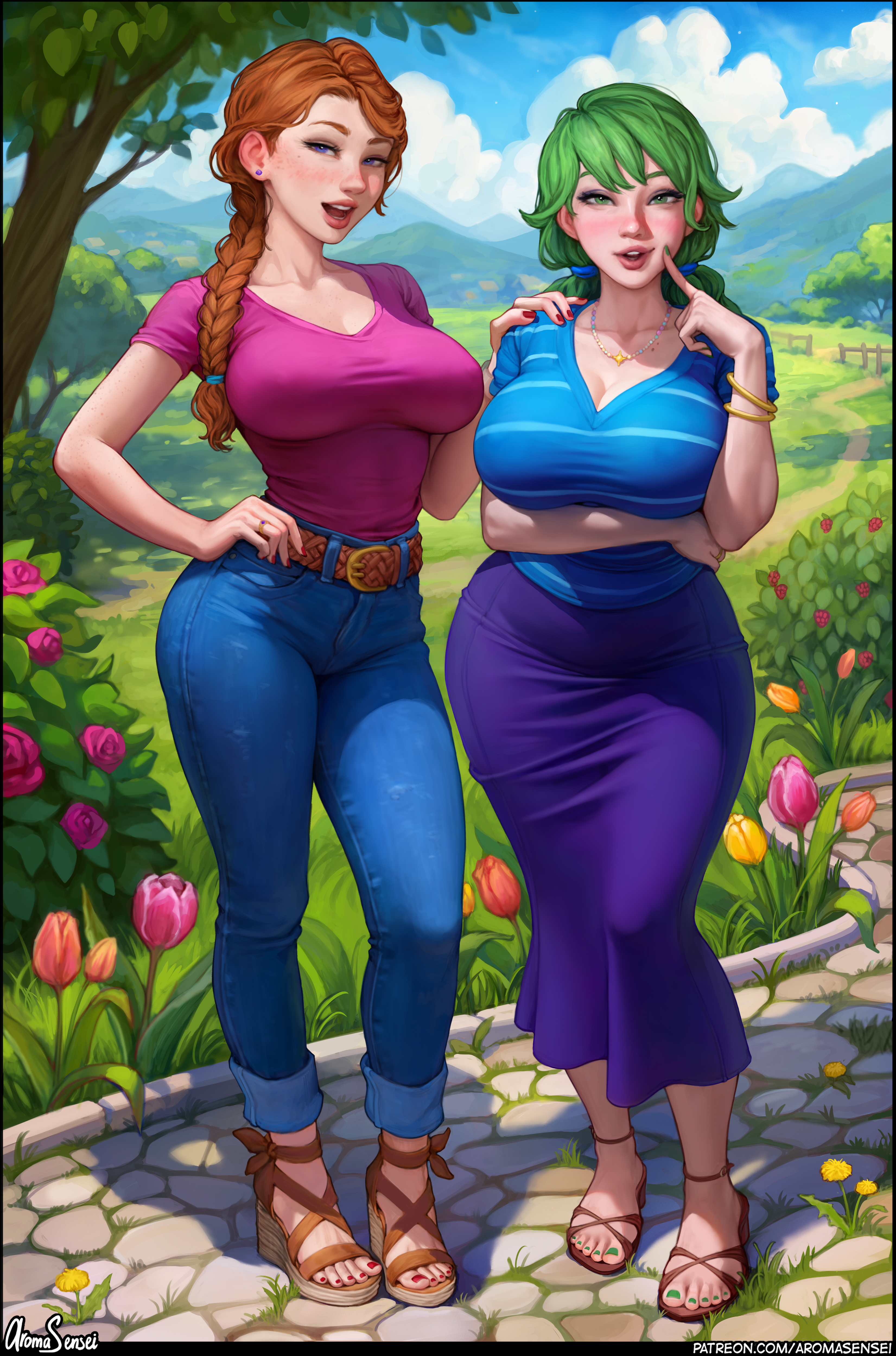 General 3302x4998 Jodi (Stardew Valley) Caroline (Stardew Valley) video game girls digital art fan art artwork drawing Aroma Sensei mature women big boobs Stardew Valley standing video games short sleeves sunlight watermarked collarbone closed mouth open mouth necklace video game characters sky leaves rose sandals painted toenails long hair painted nails cleavage bracelets
