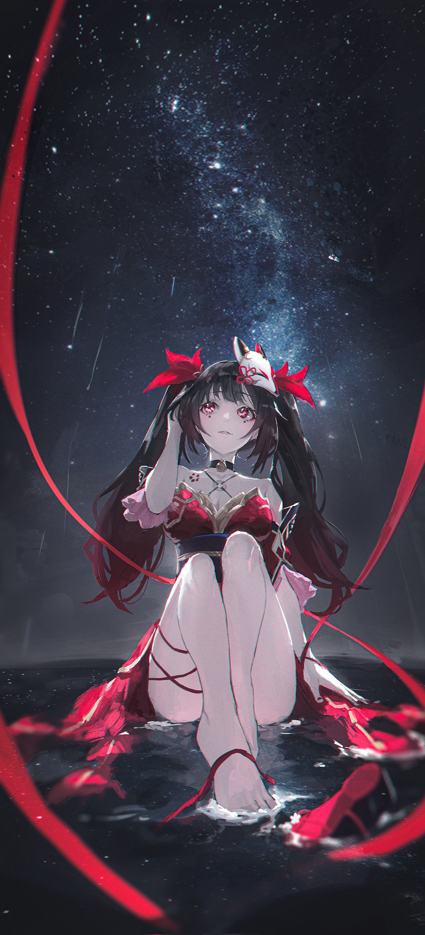Anime 1360x2994 anime games anime girls Sparkle (Honkai: Star Rail) Honkai: Star Rail anime Matsogum portrait display twintails starred sky hands in hair long hair looking away bent legs Japanese clothes sash fox mask bare shoulders collarbone barefoot water choker bells parted lips hair ornament stars looking up