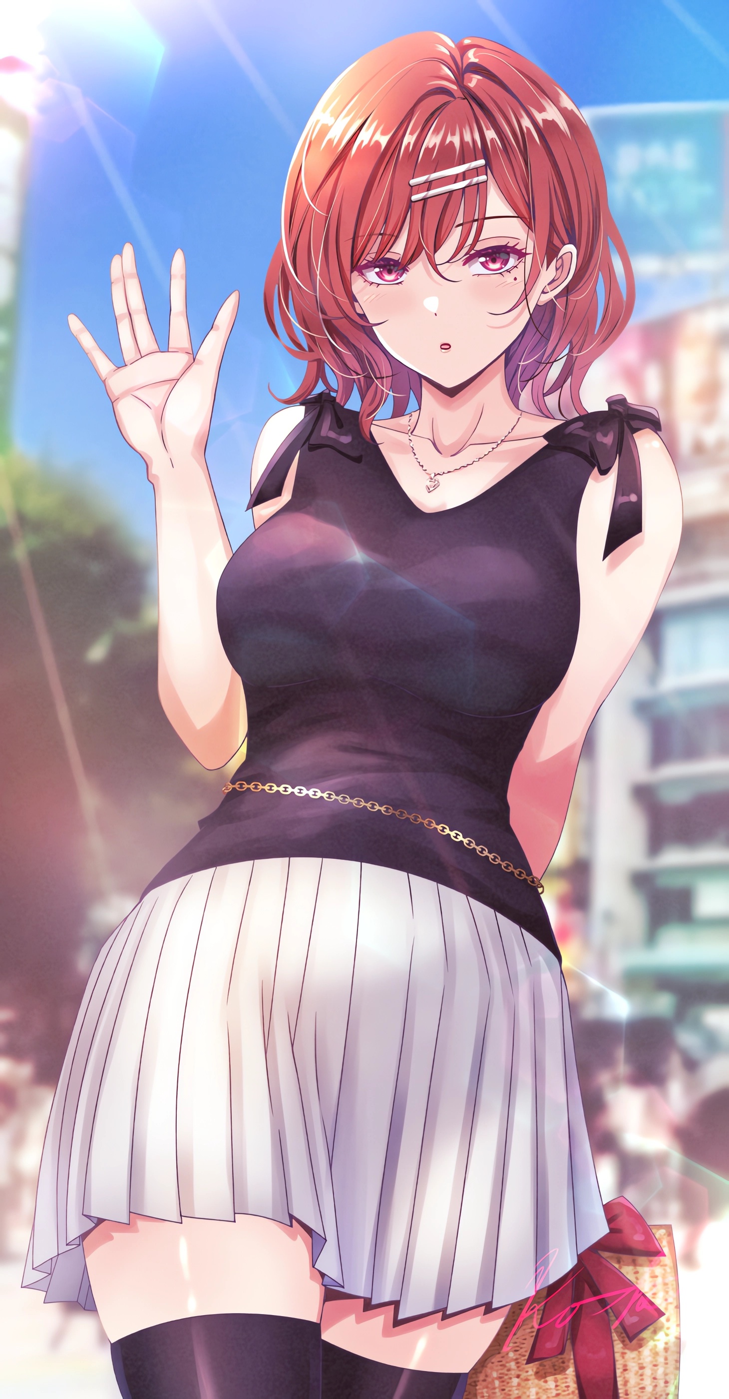 Anime 1460x2800 anime anime girls Pixiv Higuchi Madoka THE iDOLM@STER: Shiny Colors THE iDOLM@STER waving redhead purple eyes moles mole under eye blushing skirt frills looking at viewer sunlight stockings depth of field signature necklace short hair