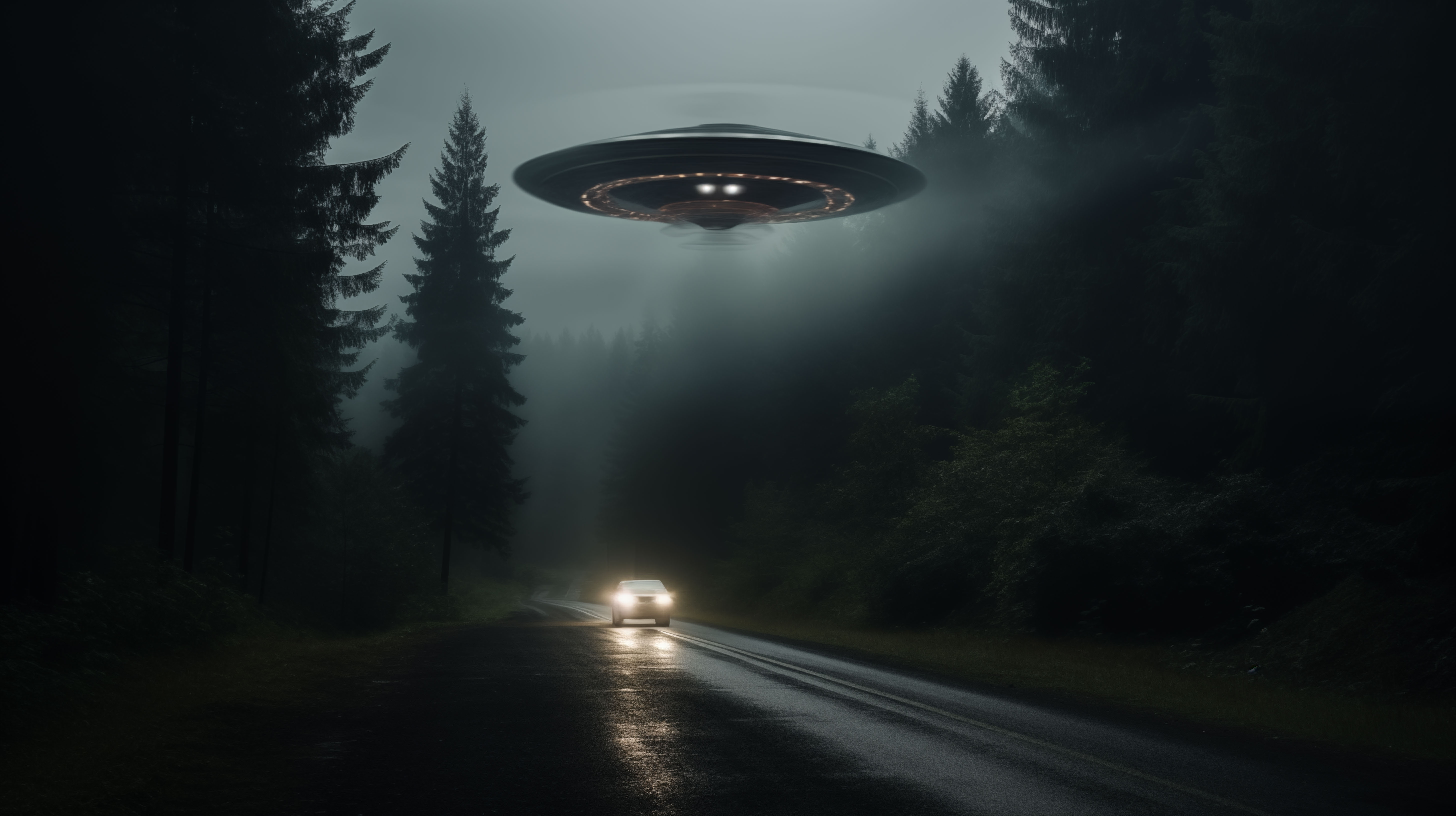 General 5824x3264 AI art night mist creepy road UFO flying saucers digital art trees car headlights driving