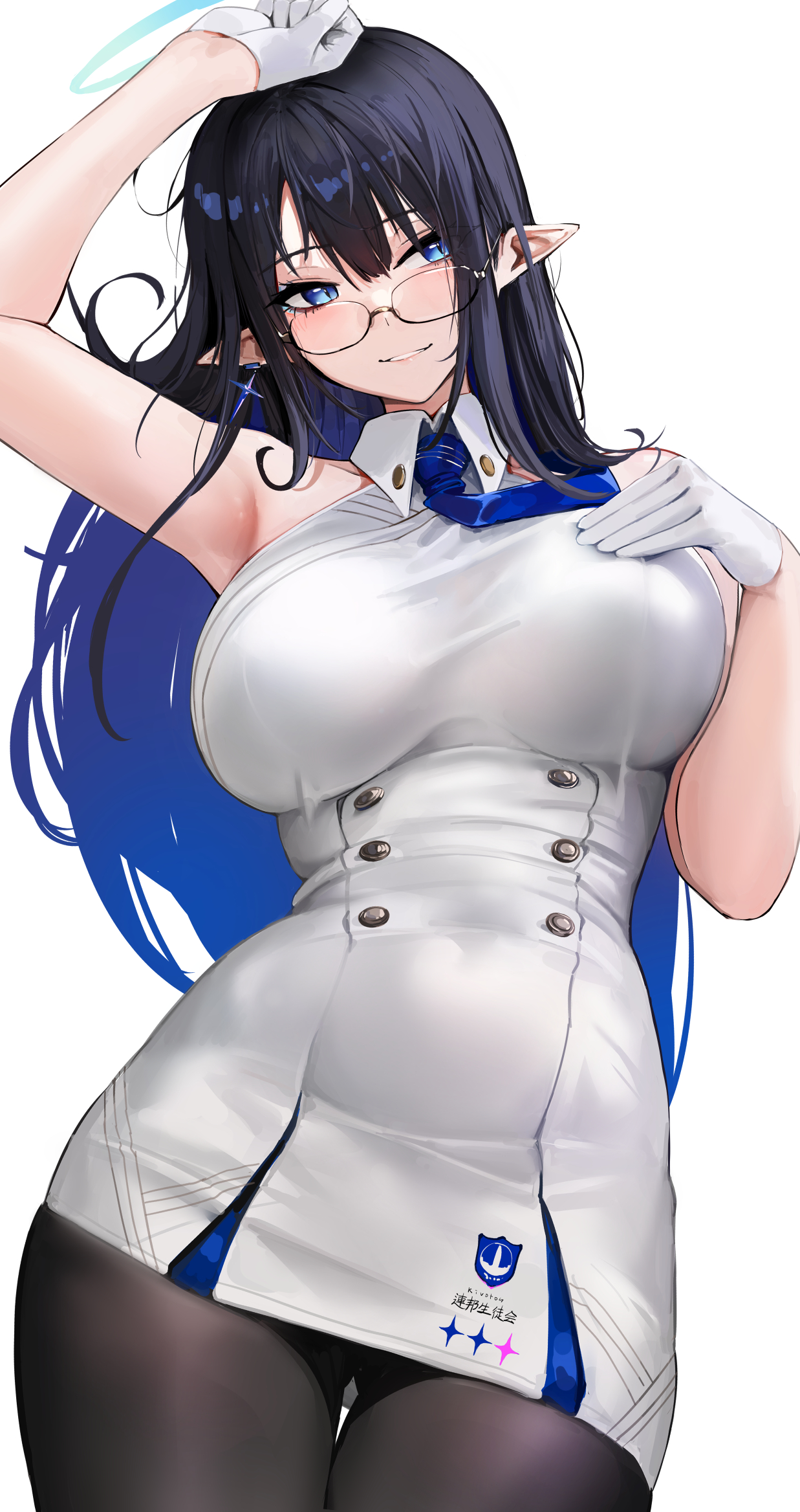 Anime 1237x2336 anime girls anime pantyhose pointy ears glasses white dress minidress armpits portrait display gloves smiling looking at viewer earring minimalism white background cross simple background tie blue eyes black hair big boobs Blue Archive Nanakami Rin (Blue Archive) one arm up long hair the gap