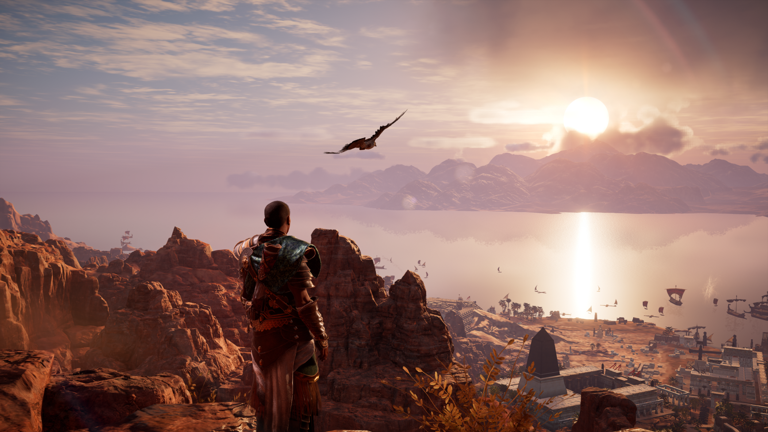 General 2560x1440 assassin creed origins sky video games clouds video game art water video game characters CGI birds eagle animals looking into the distance Sun sunlight sunset sunset glow