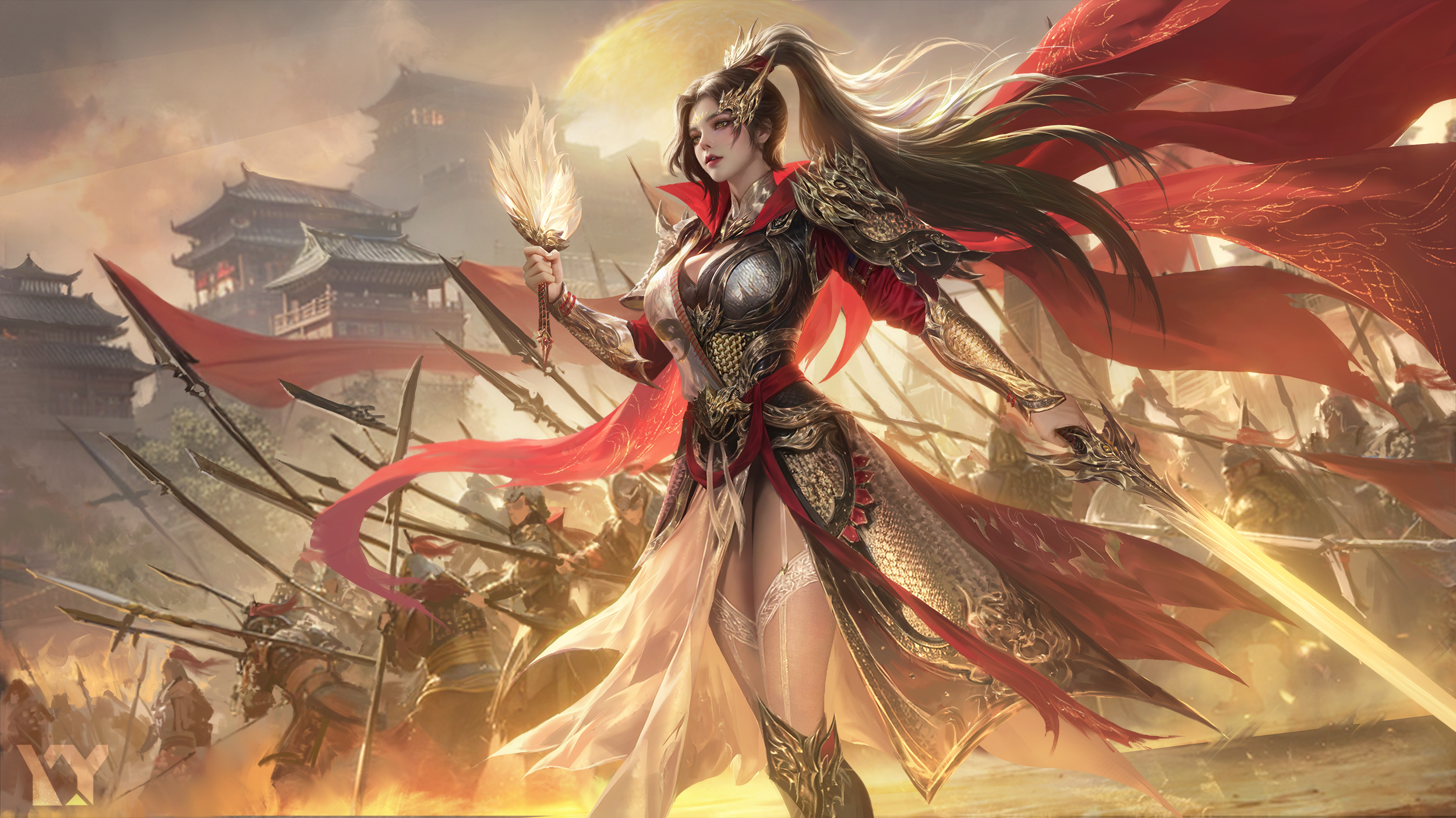 General 2500x1406 character design  warrior women women outdoors ponytail long hair sword weapon armor army looking away Asian