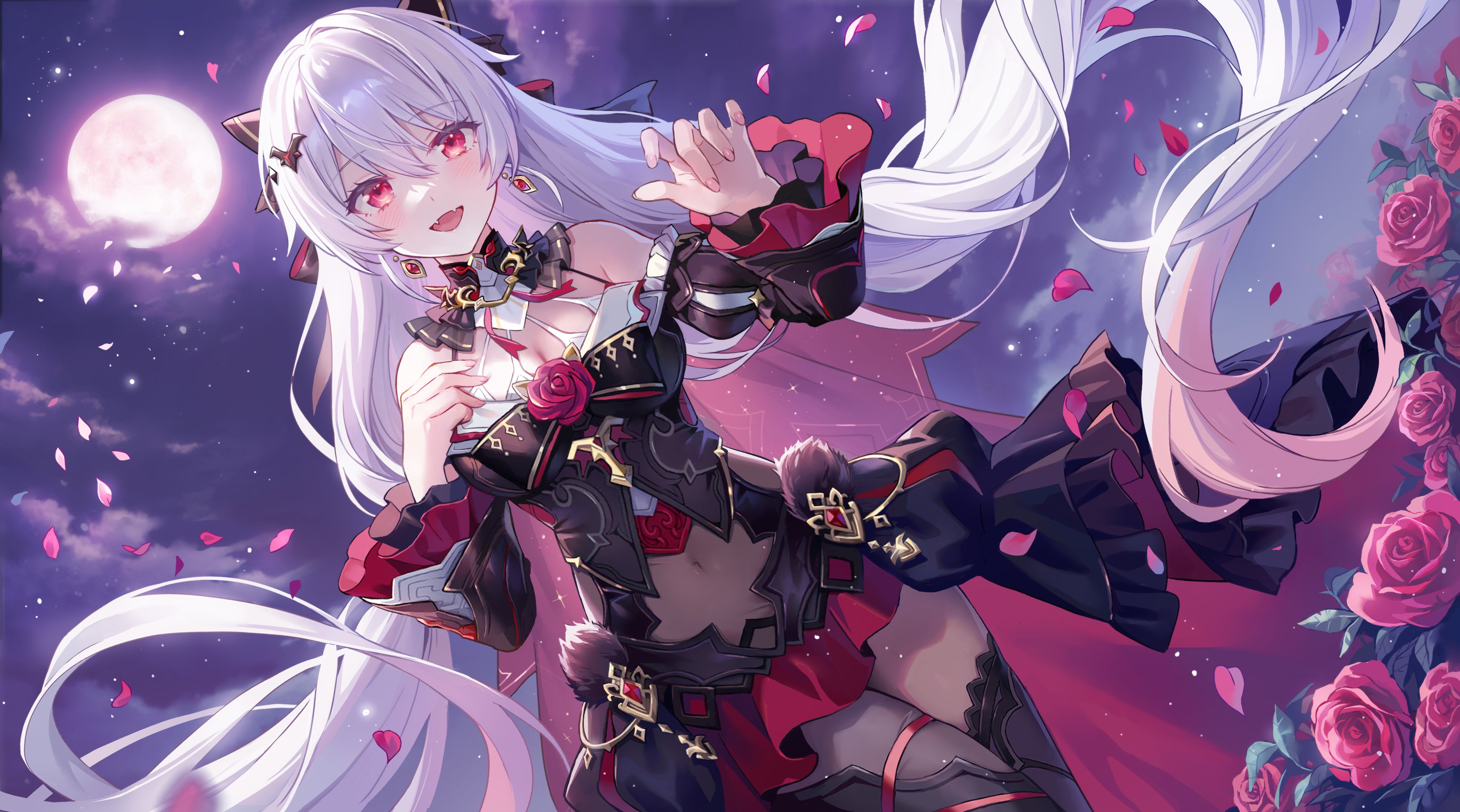 Anime 3481x1937 anime anime girls thighs Honkai Impact Honkai Impact 3rd petals Theresa Apocalypse dress sky clouds Moon moonlight night cleavage bare shoulders full moon flowers rose looking at viewer open mouth long hair belly button smiling frills hair ornament white hair miniskirt outdoors women outdoors red eyes