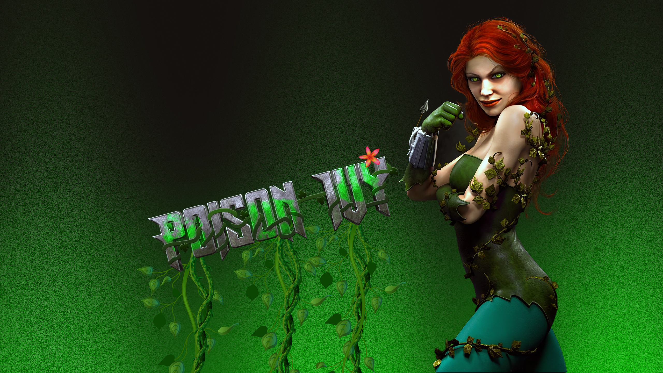 People 2560x1440 Poison Ivy redhead Batman digital art simple background text CGI