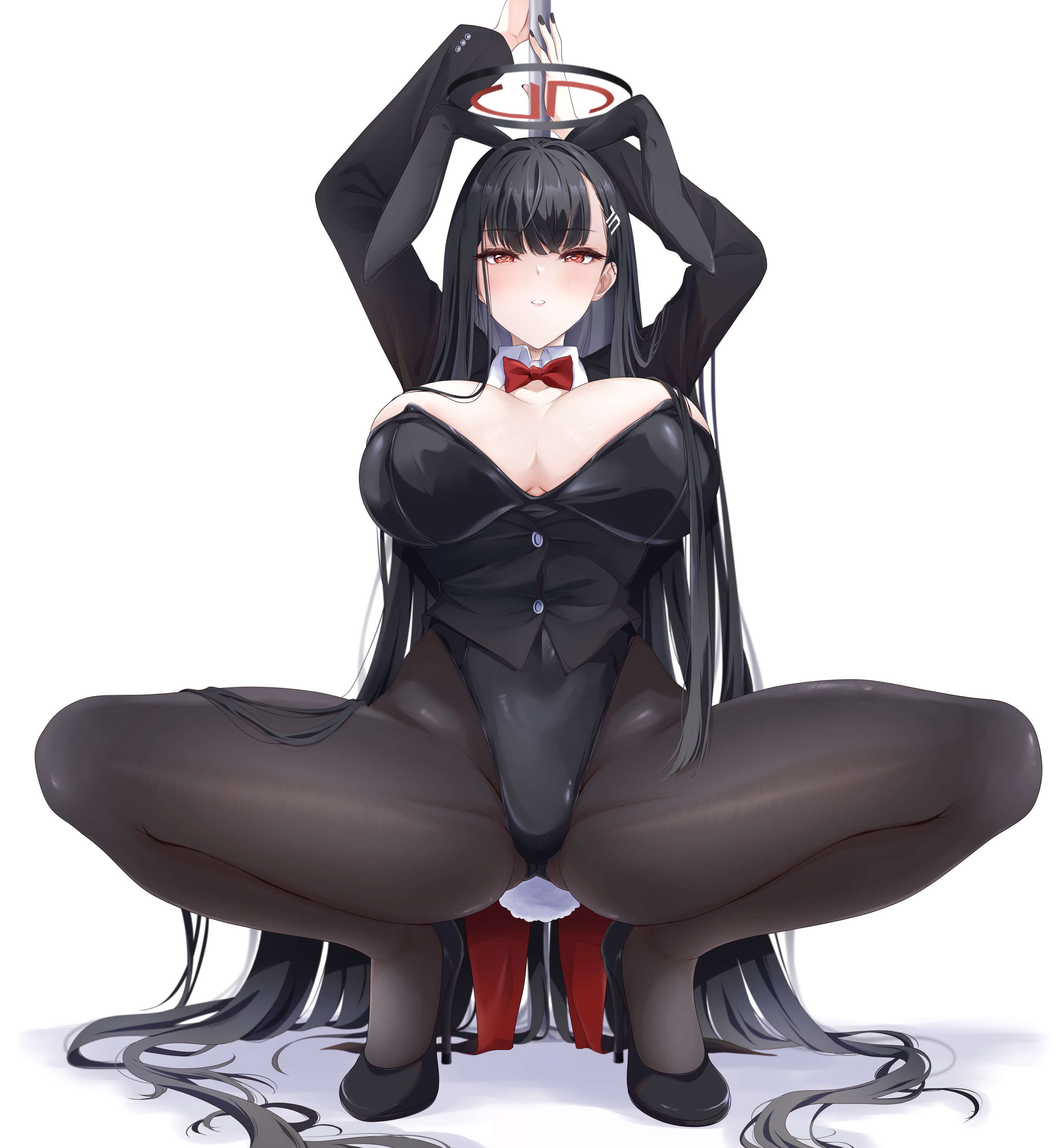 Anime 2625x2838 video game girls bow tie Blue Archive long hair Tsukatsuki Rio squatting pantyhose bunny suit bunny ears bunny tail looking at viewer blushing simple background heels white background red eyes black hair minimalism anime girls big boobs spread legs arms up