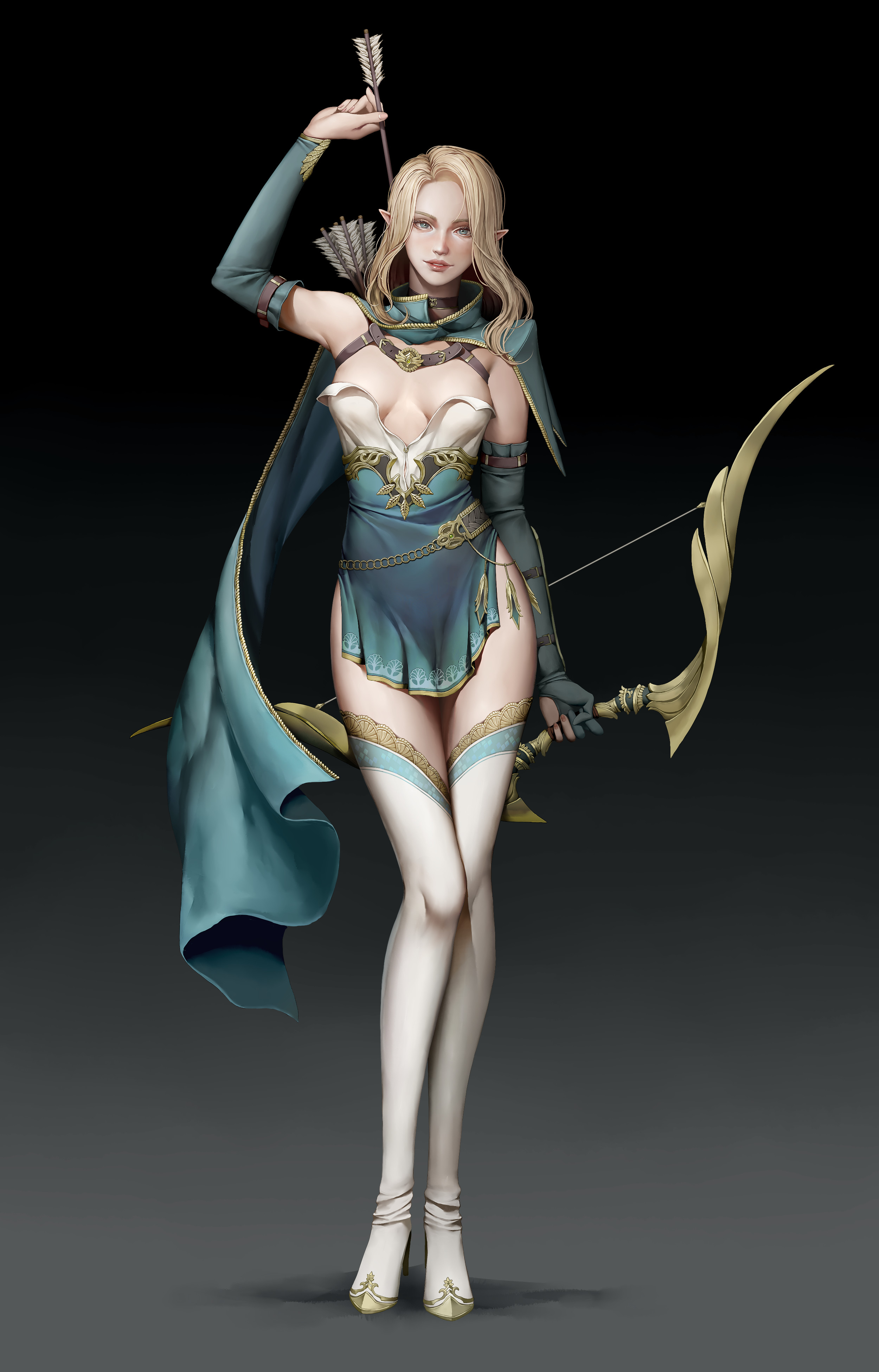 General 2500x3900 Ming Ming John drawing women blonde archer bow arrows gradient portrait display simple background gloves digital art looking at viewer elbow gloves thighs minimalism standing heels pointy ears parted lips weapon