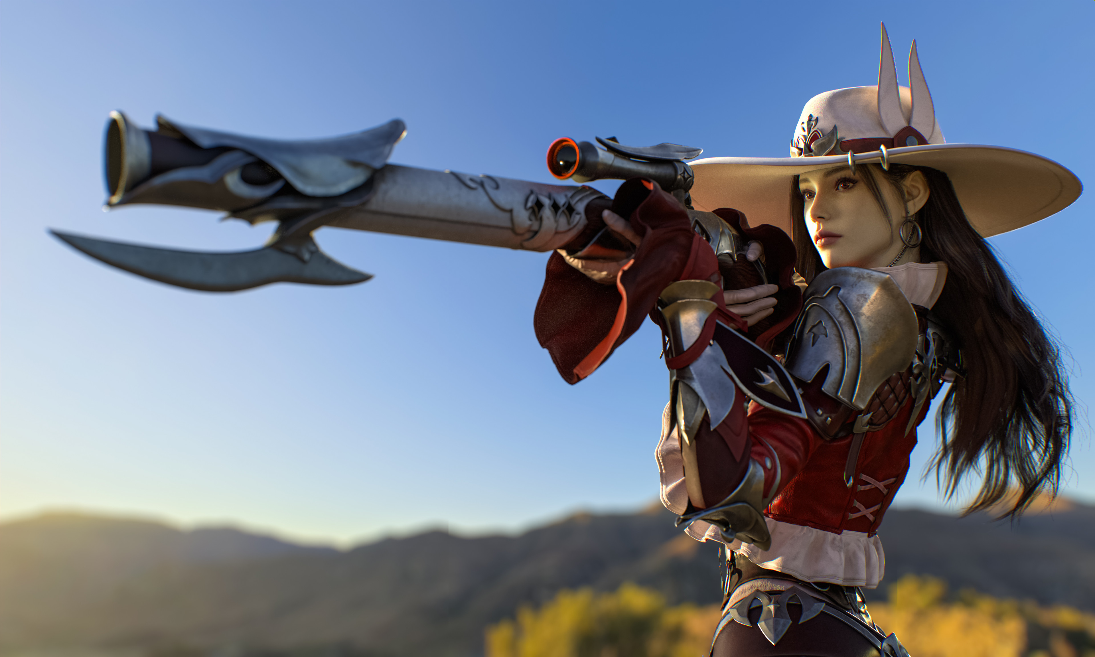General 3840x2304 MudaMuda CGI women hat rifles aiming clear sky digital art girls with guns long hair cowboy hats sniper rifle sunlight earring hoop earrings looking away armor blurred blurry background outdoors women outdoors mountains closed mouth