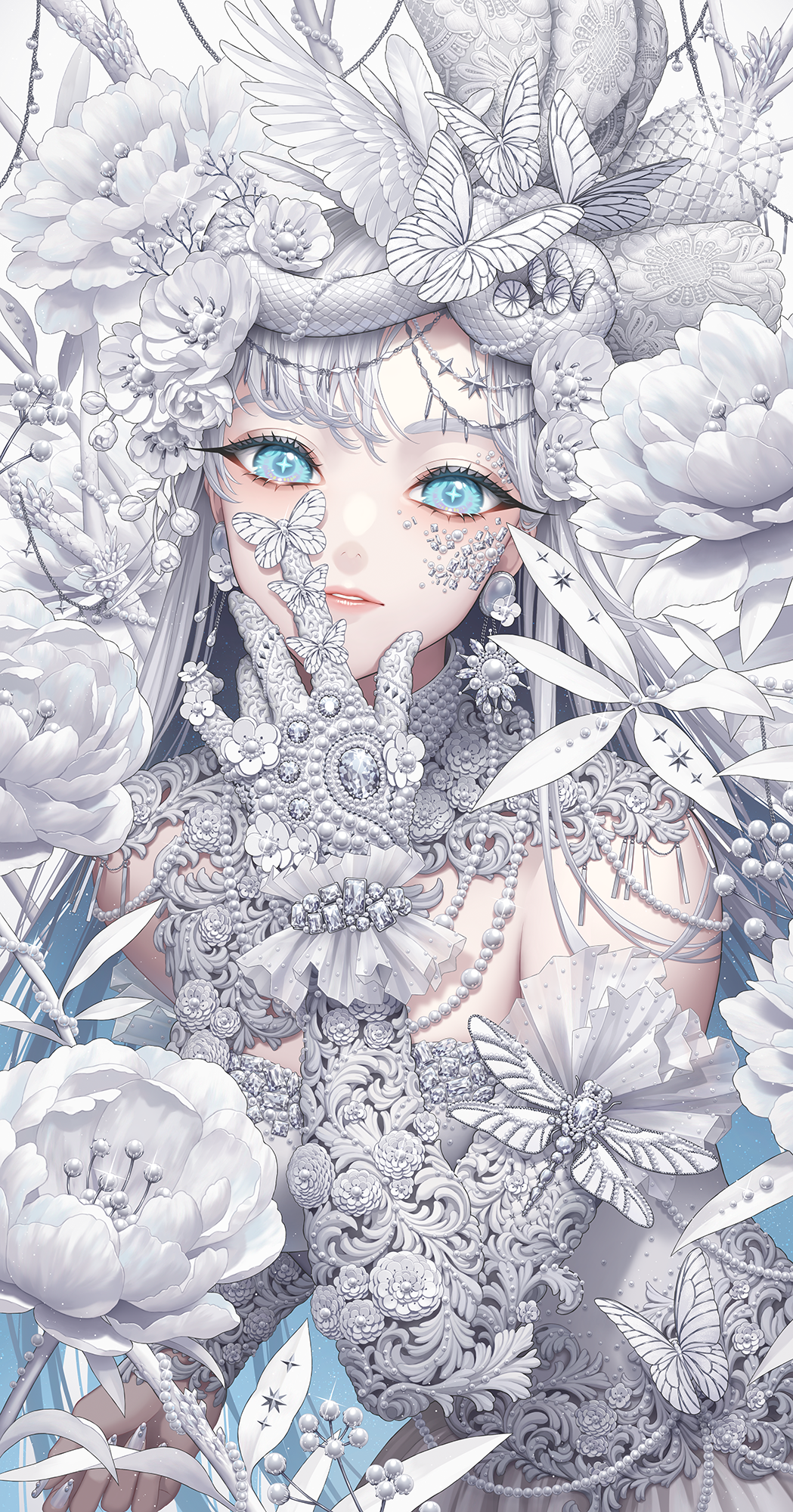 Anime 1049x2000 Minami portrait display white clothing animals light blue eyes butterfly white flowers white hair long hair looking at viewer hair ornament gloves white gloves earring snake pearl earrings pearl bracelet jewelry white dress white nails pearl necklace flowers parted lips aqua eyes dress anime girls