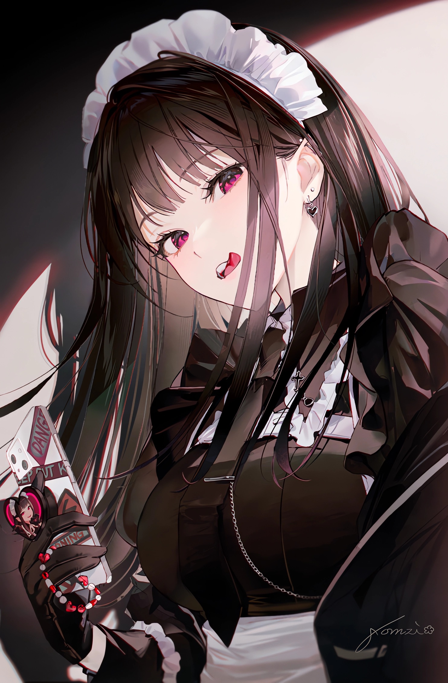 Anime 1484x2260 anime anime girls maid maid outfit tongue out long hair gloves phone looking at viewer red eyes vampire girl signature portrait display tongues blood earring