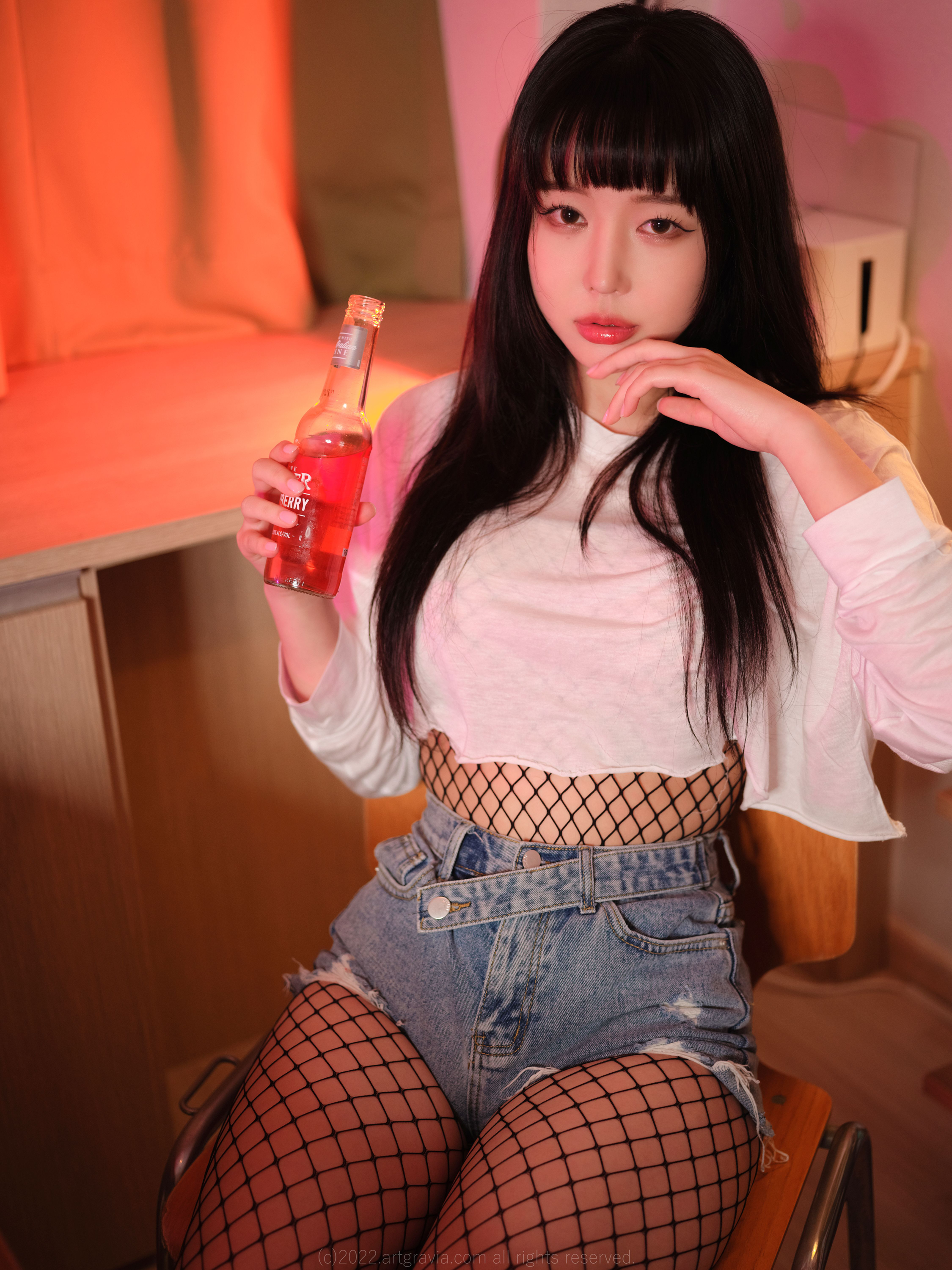 People 2250x3000 Park Ha-ak ArtGravia women model Asian women indoors jean shorts Korean women long hair dark hair fishnet bodysuit looking at viewer sitting indoors makeup slim body