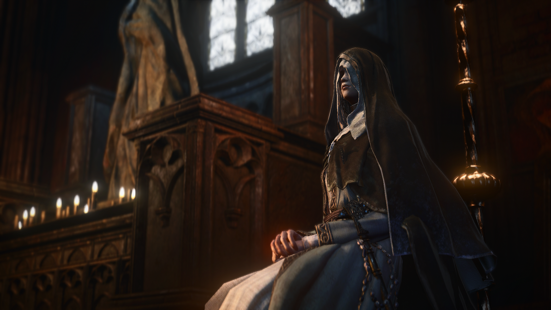 General 1920x1080 From Software Dark Souls Dark Souls III Sister Friede video games screen shot candles nun outfit video game art nuns indoors women indoors stained glass window video game characters CGI sitting