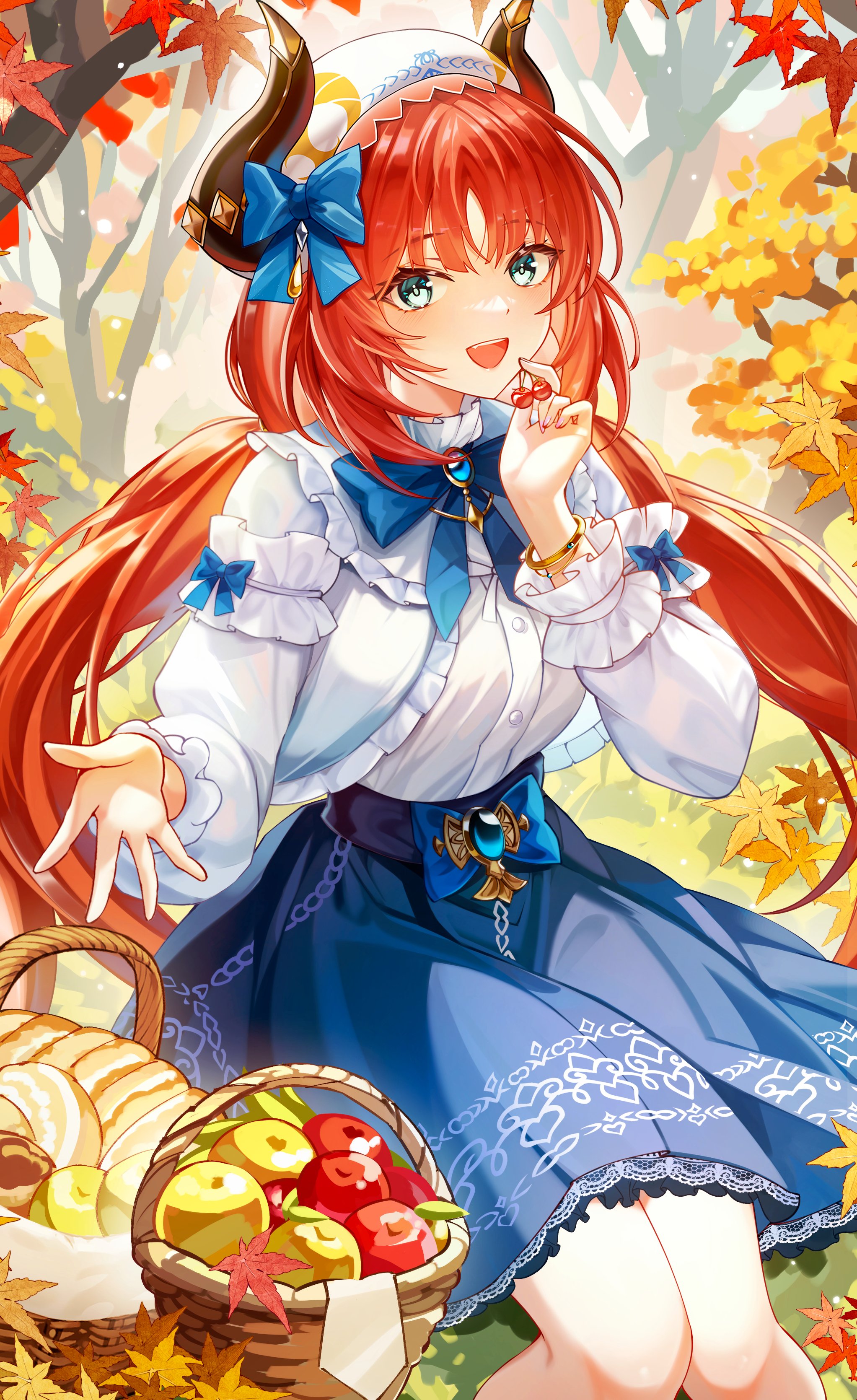 Anime 2045x3340 anime anime girls Nilou (Genshin Impact) Genshin Impact twintails redhead blue eyes fruit apples bow tie looking at viewer sitting dress leaves fall long hair baskets hair bows arms reaching open mouth trees