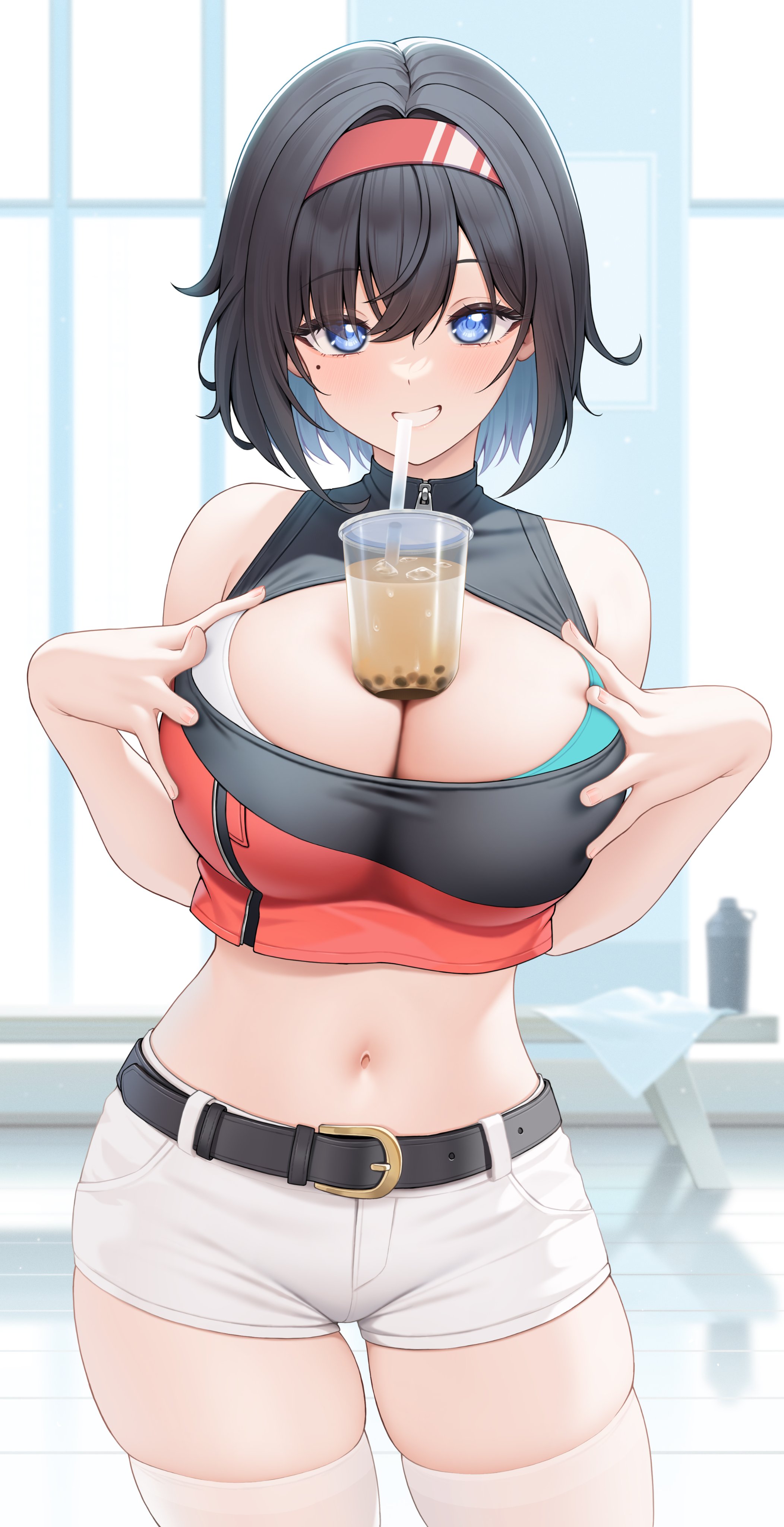Anime 2104x4096 anime anime girls cleavage drink tight clothing Boba (drink) portrait display short hair moles mole under eye big boobs cleavage cutout looking at viewer standing thighs short shorts stockings smiling blue eyes dark hair headband bare shoulders
