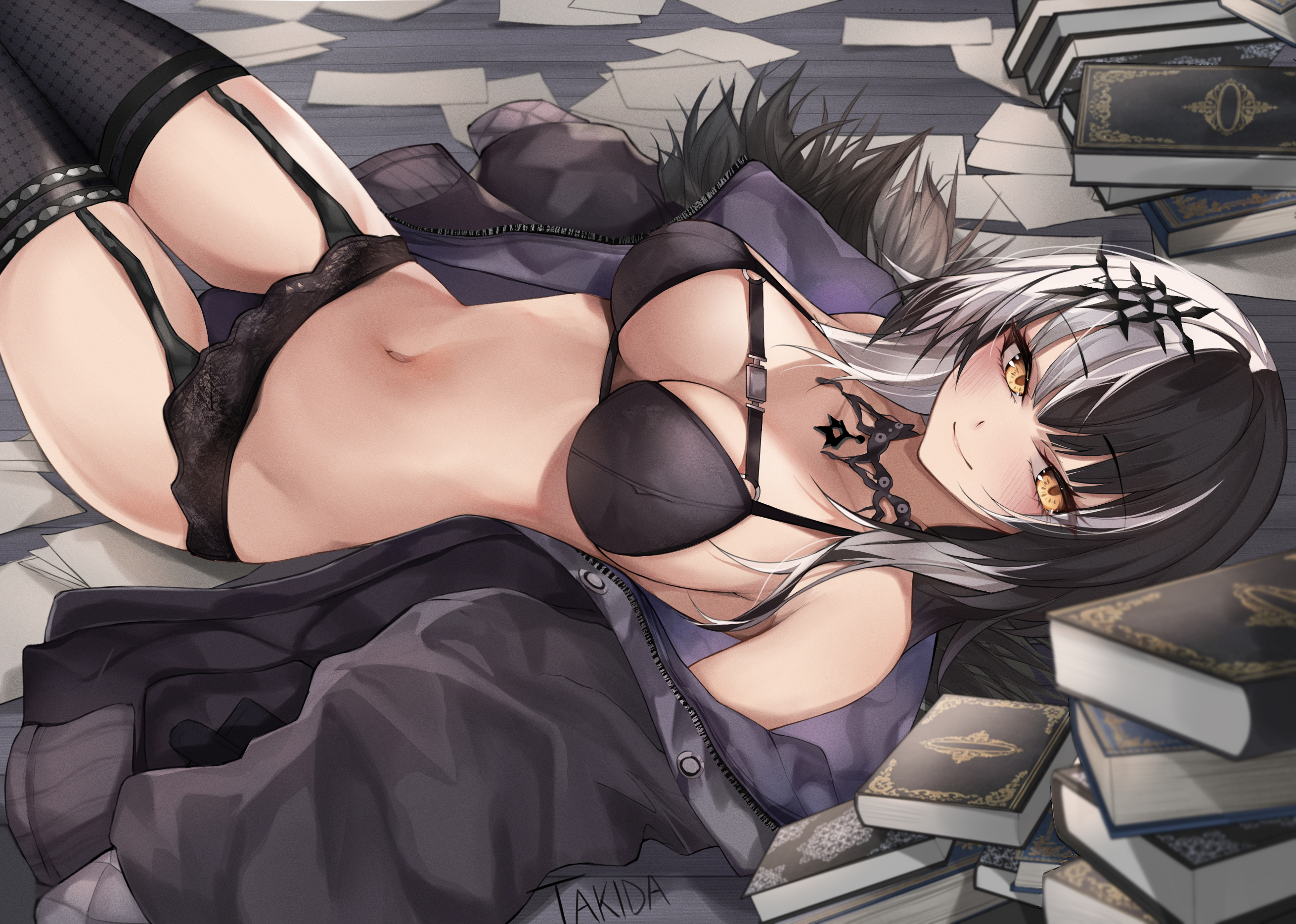 Anime 2621x1869 socks legs lingerie lying down lying on back two tone hair books yellow eyes cleavage big boobs smiling looking at viewer jacket paper Virtual Youtuber Shiori Novella Hololive stockings garter straps anime girls the gap