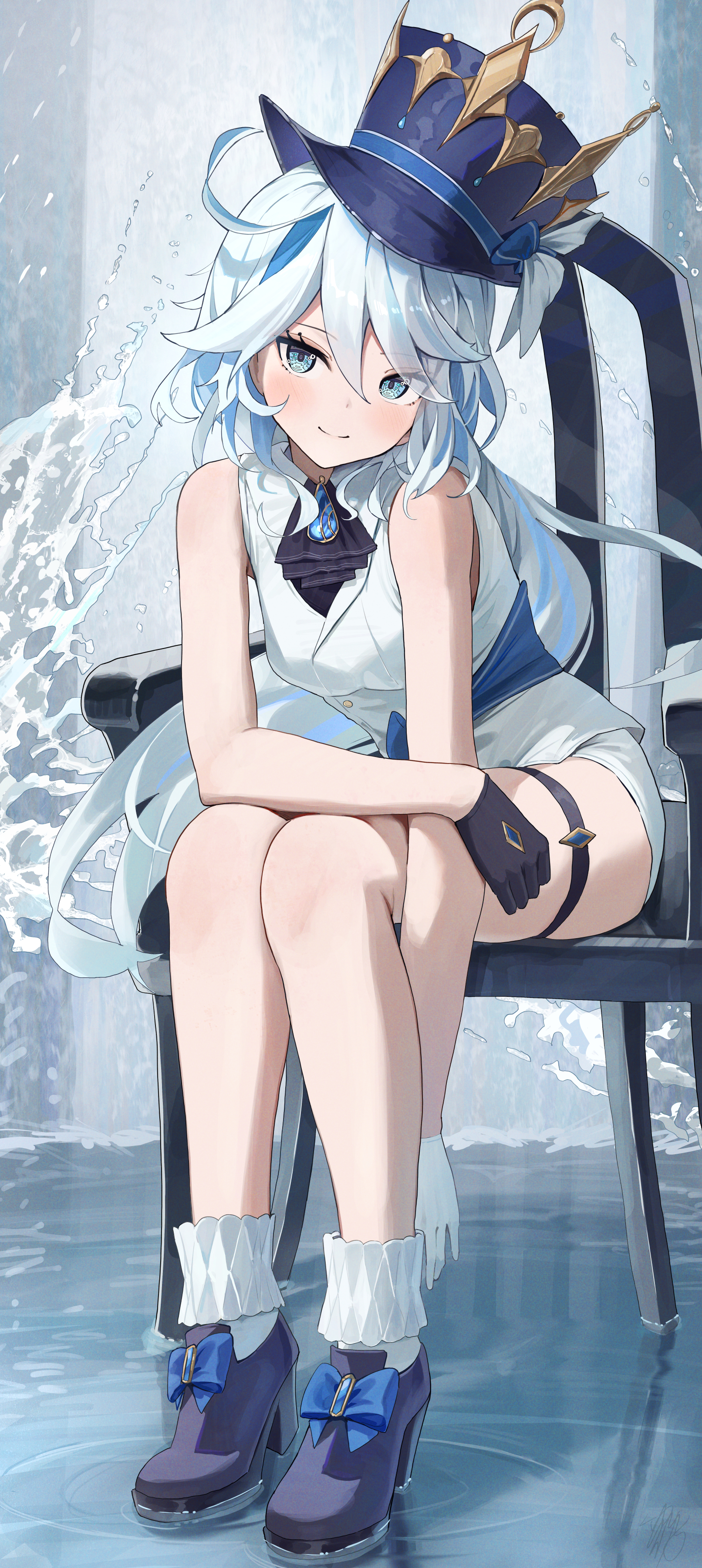 Anime 1612x3600 anime Pixiv anime girls portrait display Furina (Genshin Impact) Genshin Impact sitting hat looking at viewer long hair two tone hair blue hair blue eyes gloves water chair reflection stockings mismatched gloves top hat