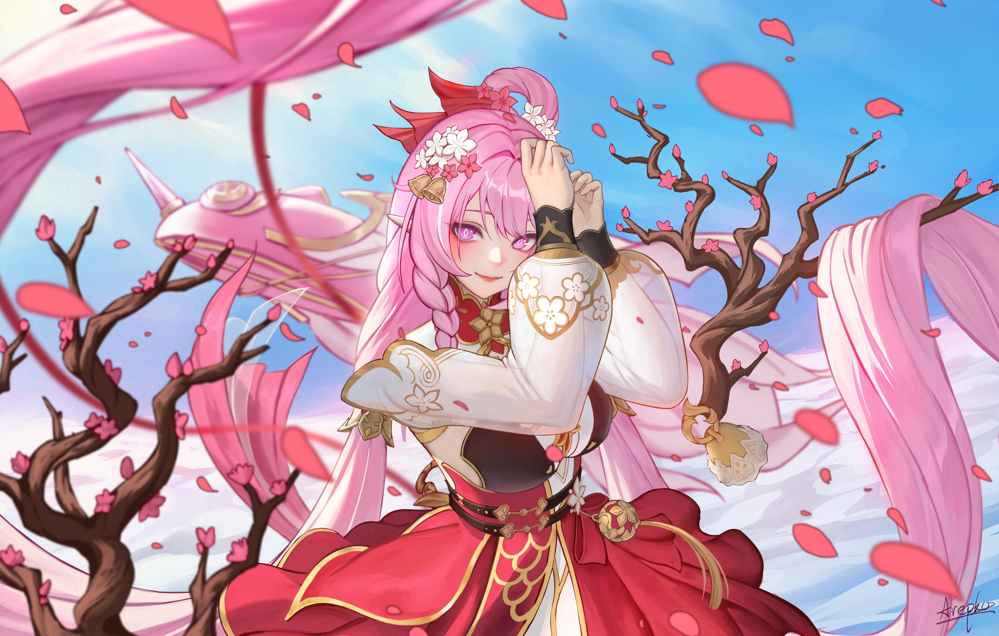 Anime 3326x2117 pink hair petals pink eyes long hair blushing flower in hair flowers Honkai Impact 3rd Elysia (Honkai Impact 3rd) anime girls braids looking at viewer clouds sky wind dress pointy ears dead trees standing smiling bells sunlight signature Honkai Impact