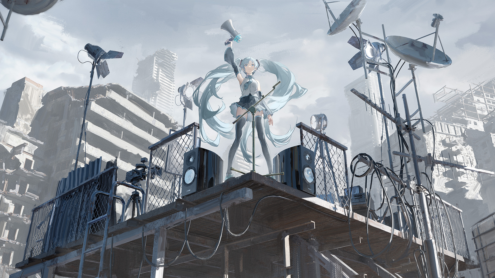 Anime 1920x1080 Hatsune Miku Vocaloid megaphones anime girls long hair twintails blue hair blue eyes looking at viewer skirt sky clouds standing technology stockings building closed mouth frills