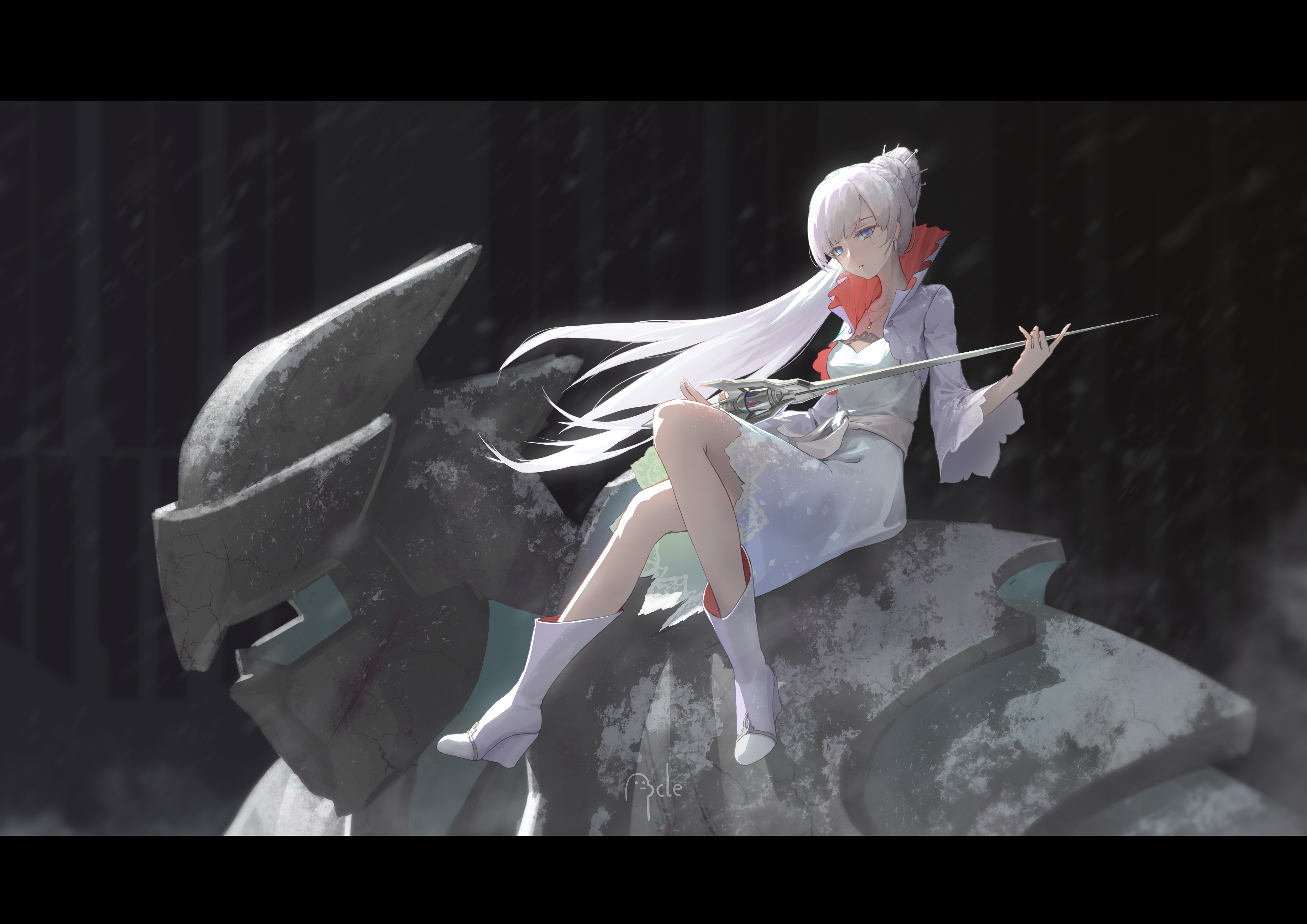 Anime 4961x3508 anime anime girls Pixiv Weiss Schnee RWBY looking at viewer sitting long hair women with swords sword ponytail white hair blue eyes minimalism necklace boots dress