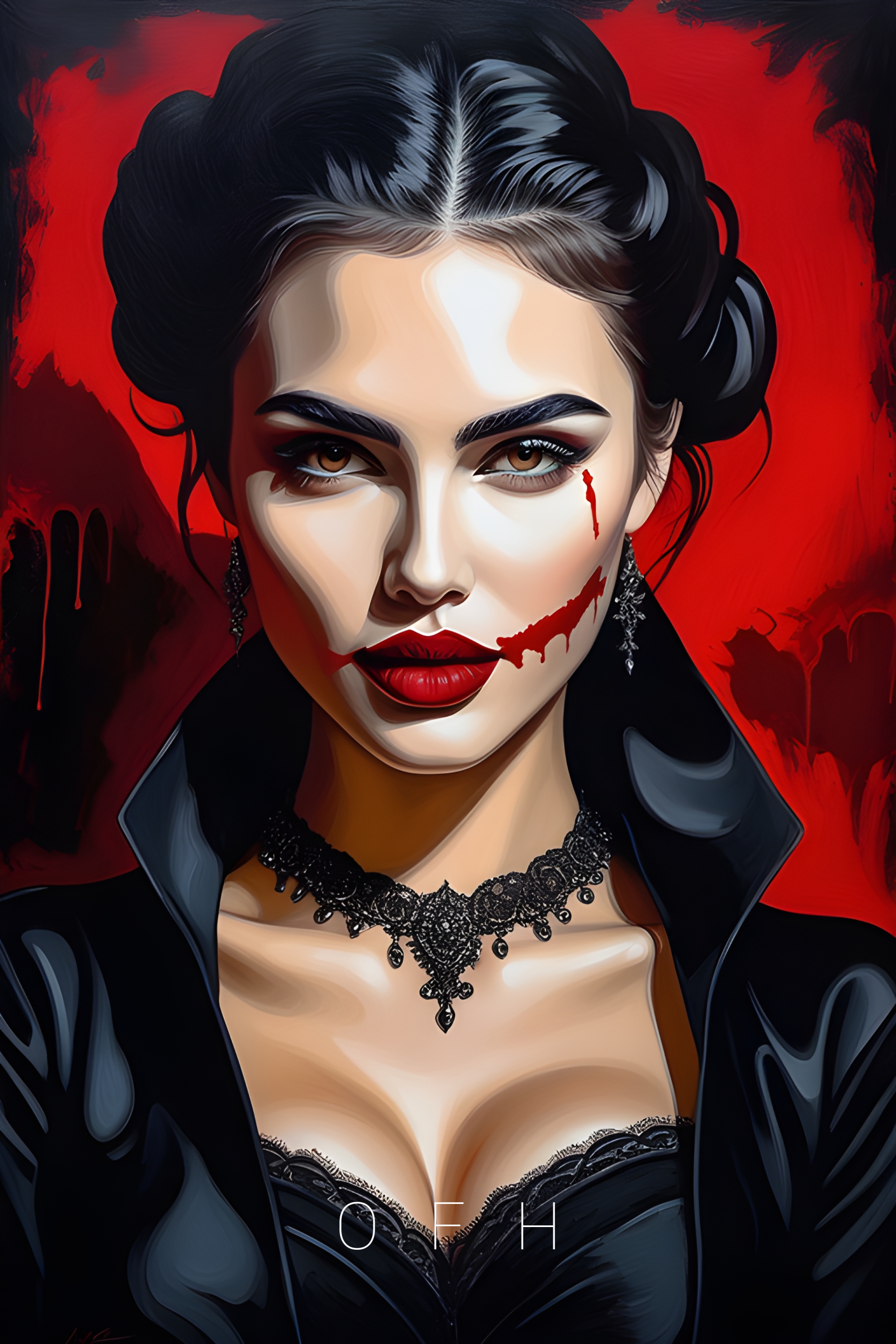General 2176x3264 AI art OneFinalHug digital art fantasy art looking at viewer red red lipstick fictional lipstick earring cleavage portrait display necklace