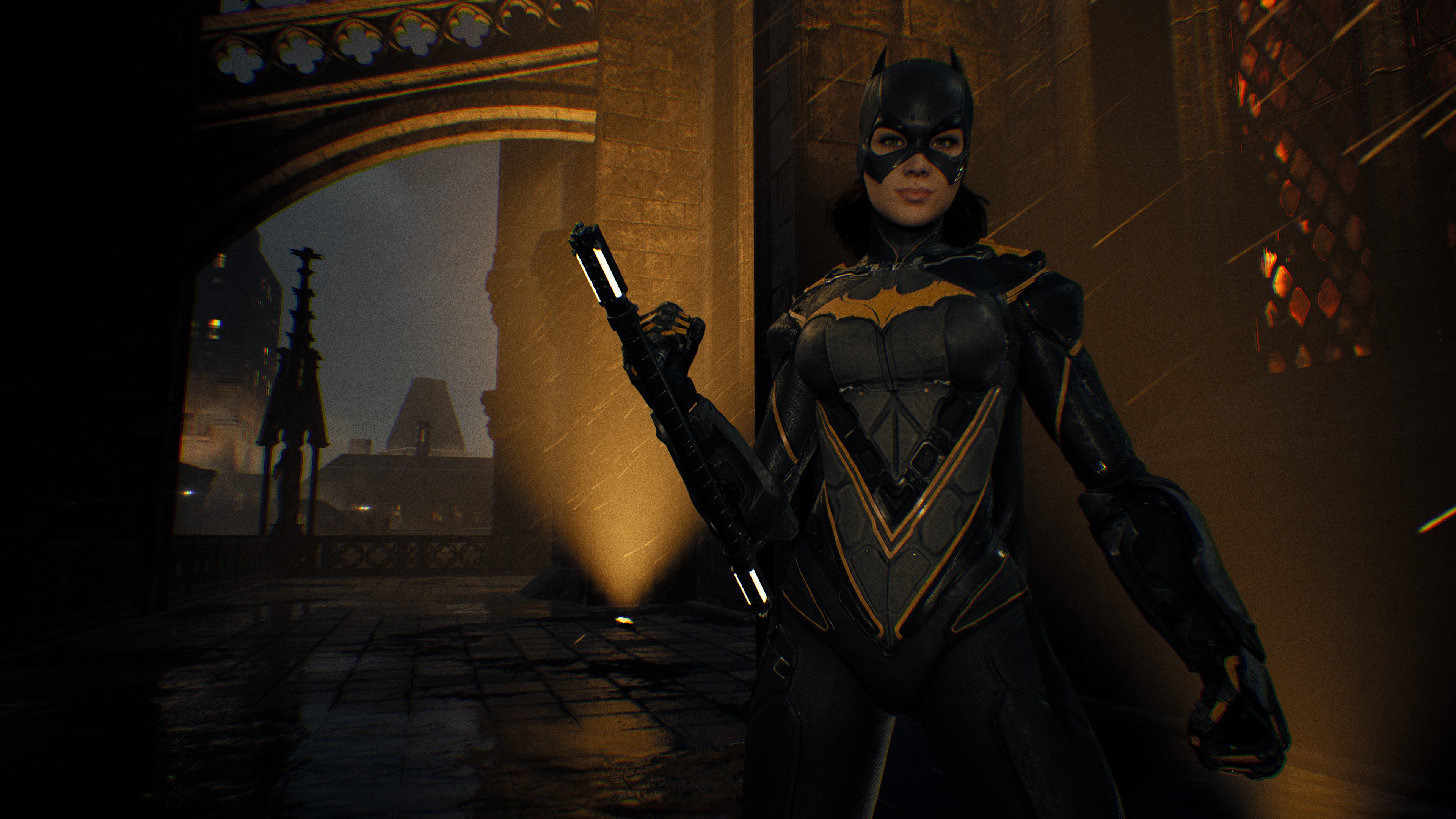 General 3840x2160 Batgirl Gotham Knights video games screen shot video game characters CGI video game girls bodysuit looking at viewer lights closed mouth building night standing rain