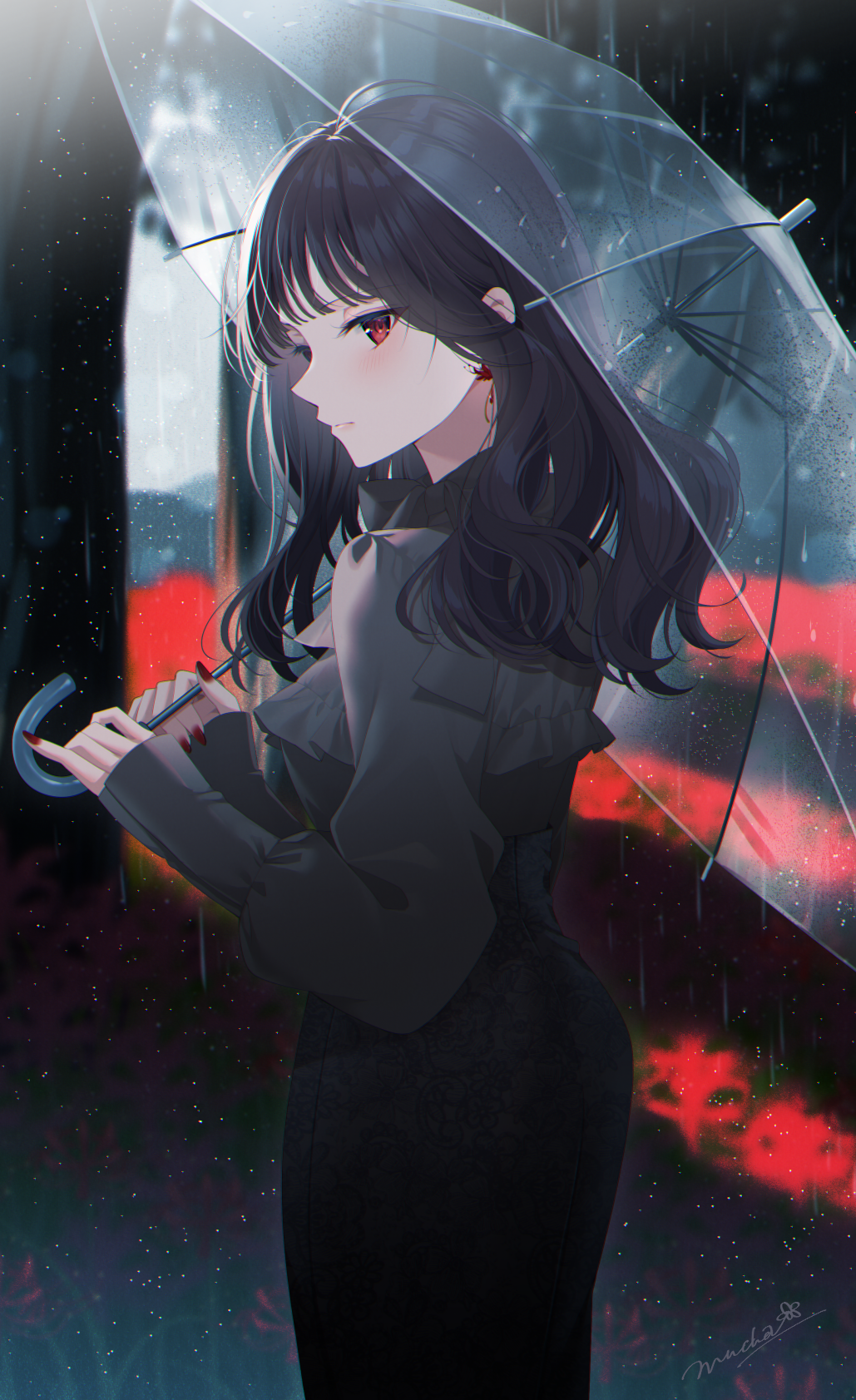 Anime 1029x1683 anime anime girls Pixiv original characters portrait display umbrella looking at viewer rain standing long hair red eyes dress red nails dark hair earring signature flowers sunlight