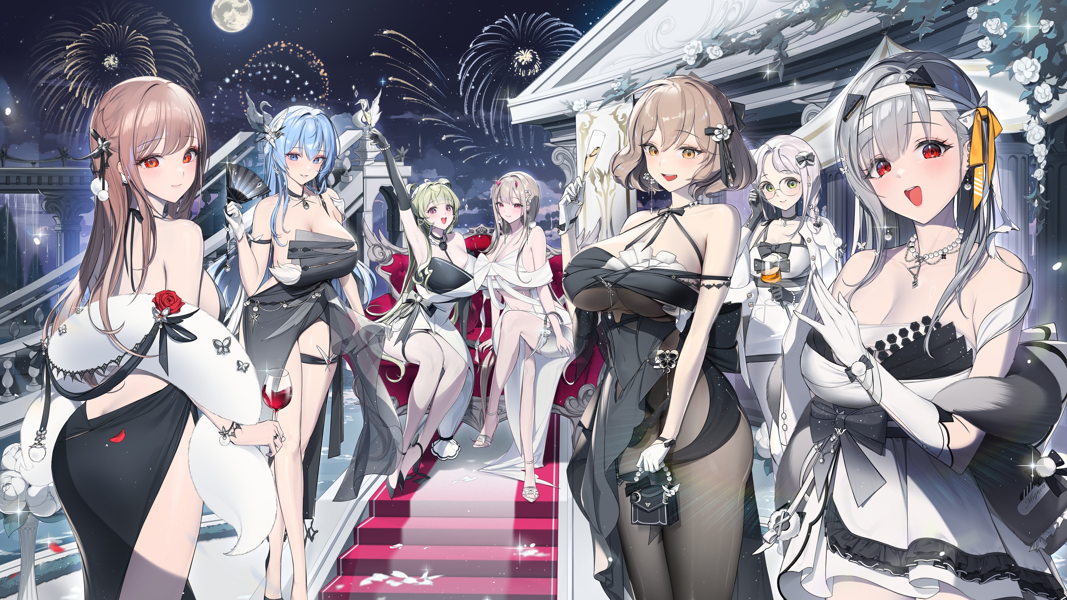 Anime 3500x1968 Nikke: The Goddess of Victory anime girls black dress Anis (Nikke: The Goddess of Victory) Soda (Nikke: The Goddess Of Victory) Viper (Nikke: The Goddess Of Victory) Modernia (Nikke: The Goddess of Victory) Rapi (Nikke: The Goddess of Victory) Neon (Nikke: The Goddess of Victory) Helm (Nikke) cleavage dress looking at viewer fireworks looking back big boobs cocktail dress bare shoulders smiling Madaeng hair ornament thigh strap wine glass legs crossed sideboob pantyhose full moon one arm up jewelry elbow gloves alcohol sitting women outdoors black pantyhose standing group of women fur trim starred sky starry night stairs purse night ass thighs gloves fans petals couch sparkles glasses