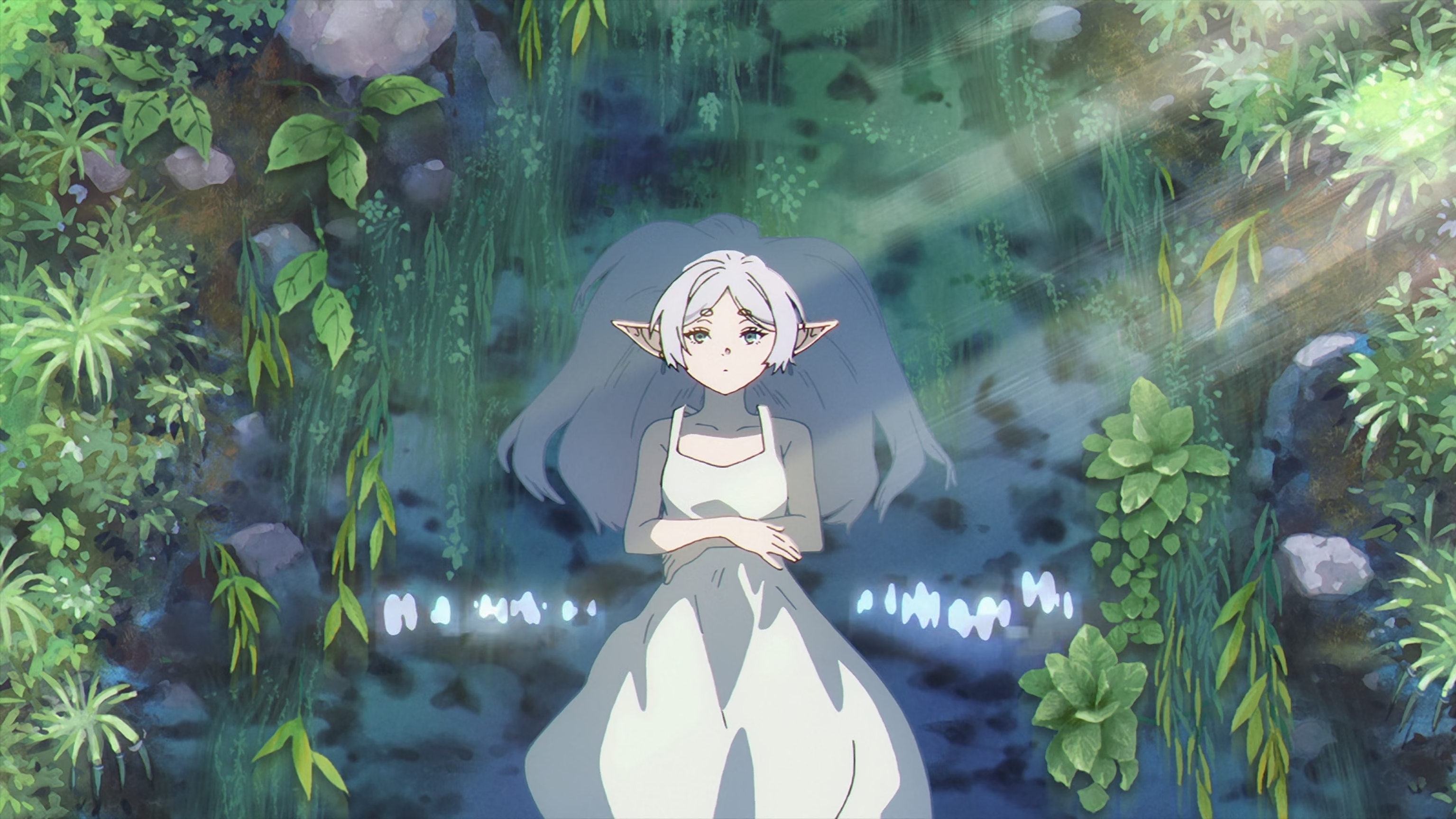 Anime 3070x1728 Sousou No Frieren anime Anime screenshot water lying down lying on back pointy ears long hair looking at viewer sunlight arms crossed leaves dress anime girls rocks green