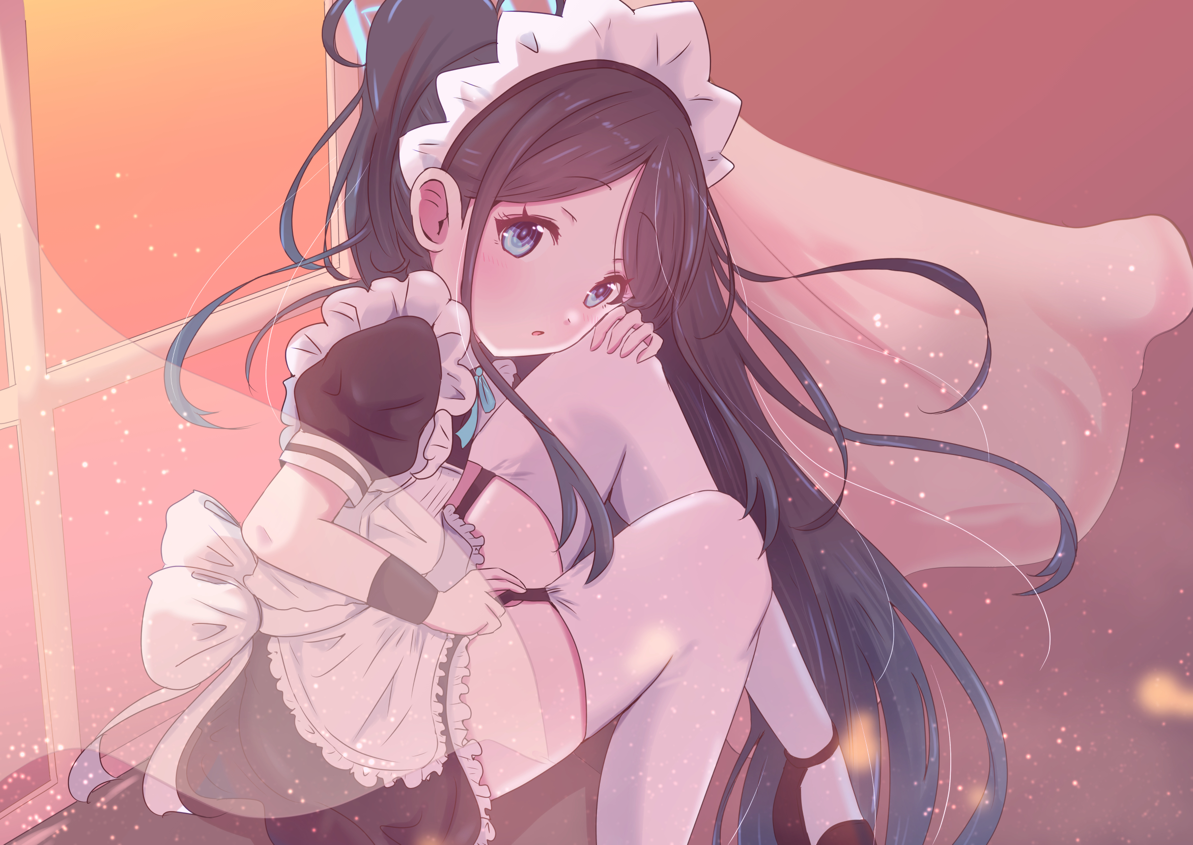 Anime 2428x1720 Tendou Alice Tendou Arisu long hair Blue Archive maid blue eyes dark hair stockings looking at viewer anime girls blushing maid outfit frills indoors women indoors sunlight hands on knees window