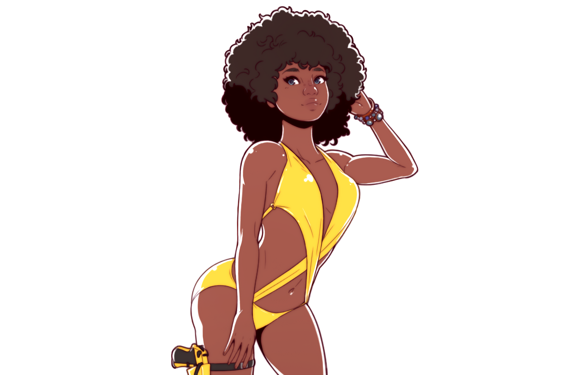 General 2000x1300 women digital art Vanilla Cookies (comic) ebony women Afro Yellow Swimsuit bikini girls with guns dark skin Dave Cheung minimalism simple background white background