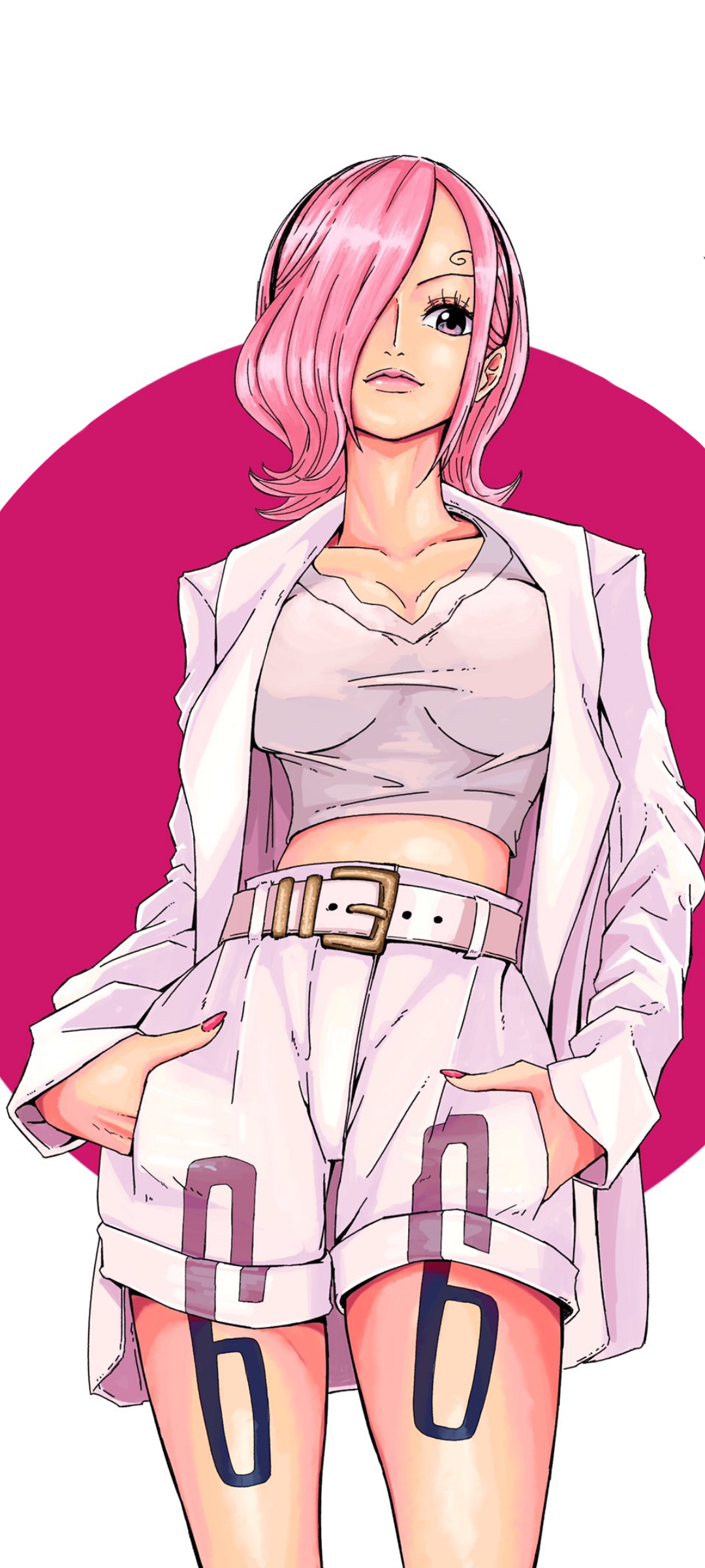 Anime 1080x2400 Shellmaru One Piece Vinsmoke Reiju portrait display anime girls pink hair hair over one eye big boobs hands in pockets