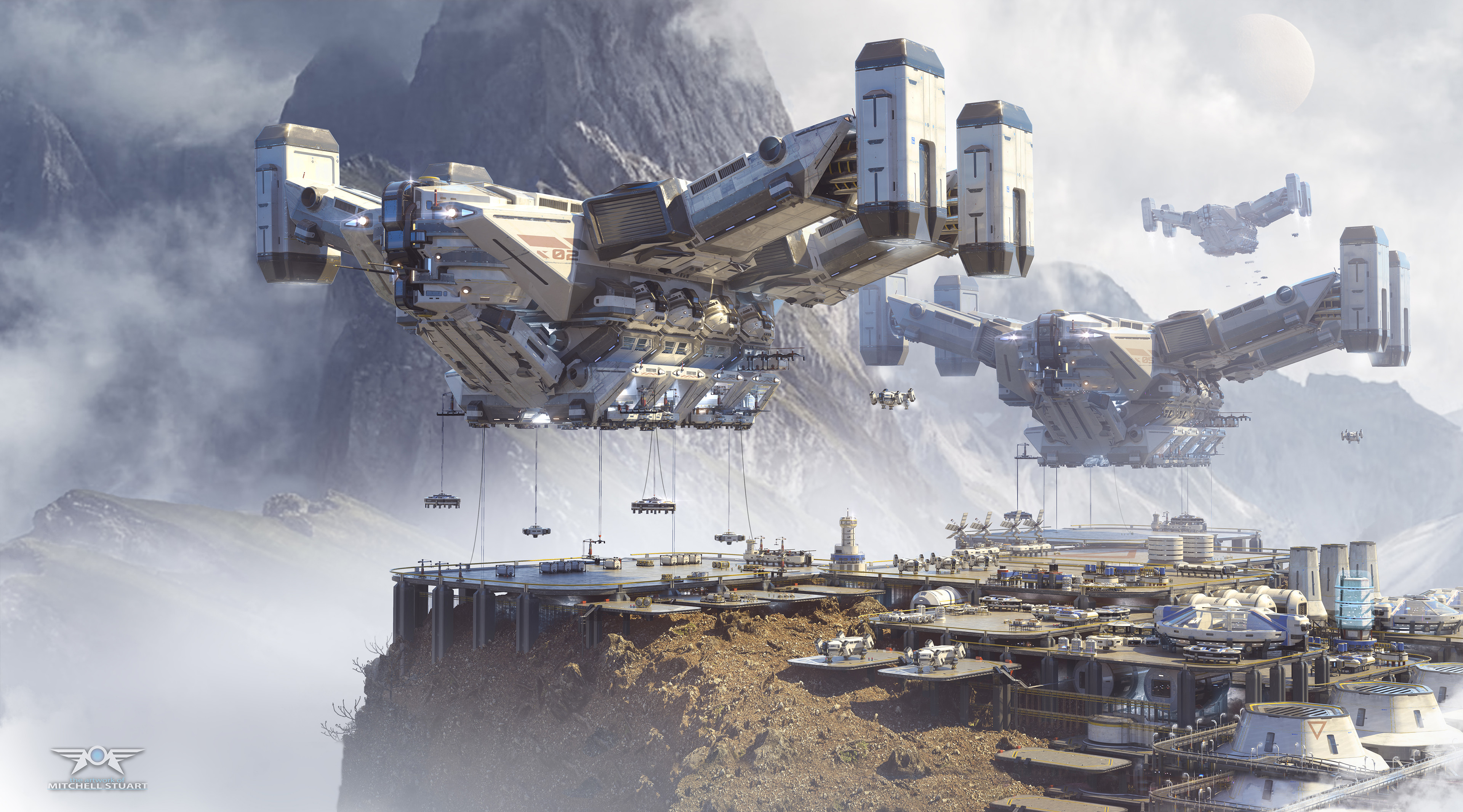 General 3840x2132 science fiction science helicopters jet engine lift off cargo city mountains clouds white blue brown dock fantasy art futuristic Mitchell Stuart