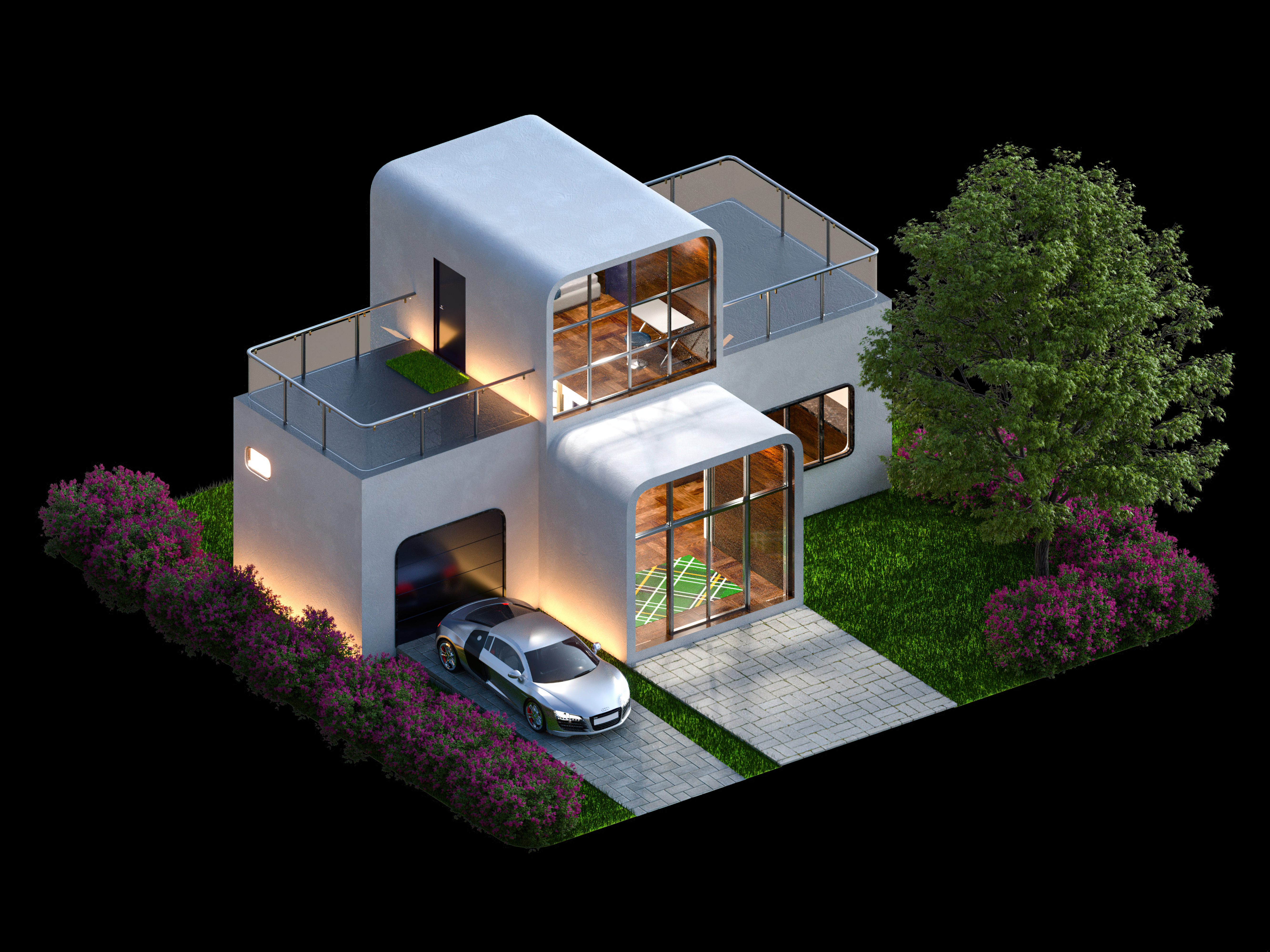 General 5333x4000 isometric architecture CGI digital art modern house exterior mini home Renderfem car