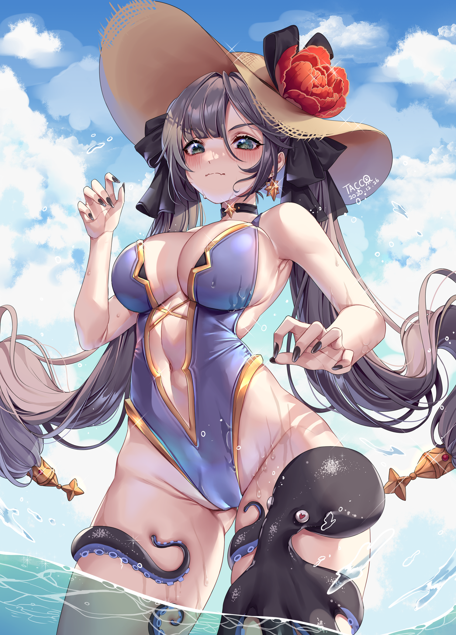 Anime 1500x2087 anime girls boobs one-piece swimsuit wet body low-angle looking at viewer choker straw hat cameltoe long hair octopus standing in water tacco Mona (Genshin Impact) Genshin Impact clouds water thighs twintails wet