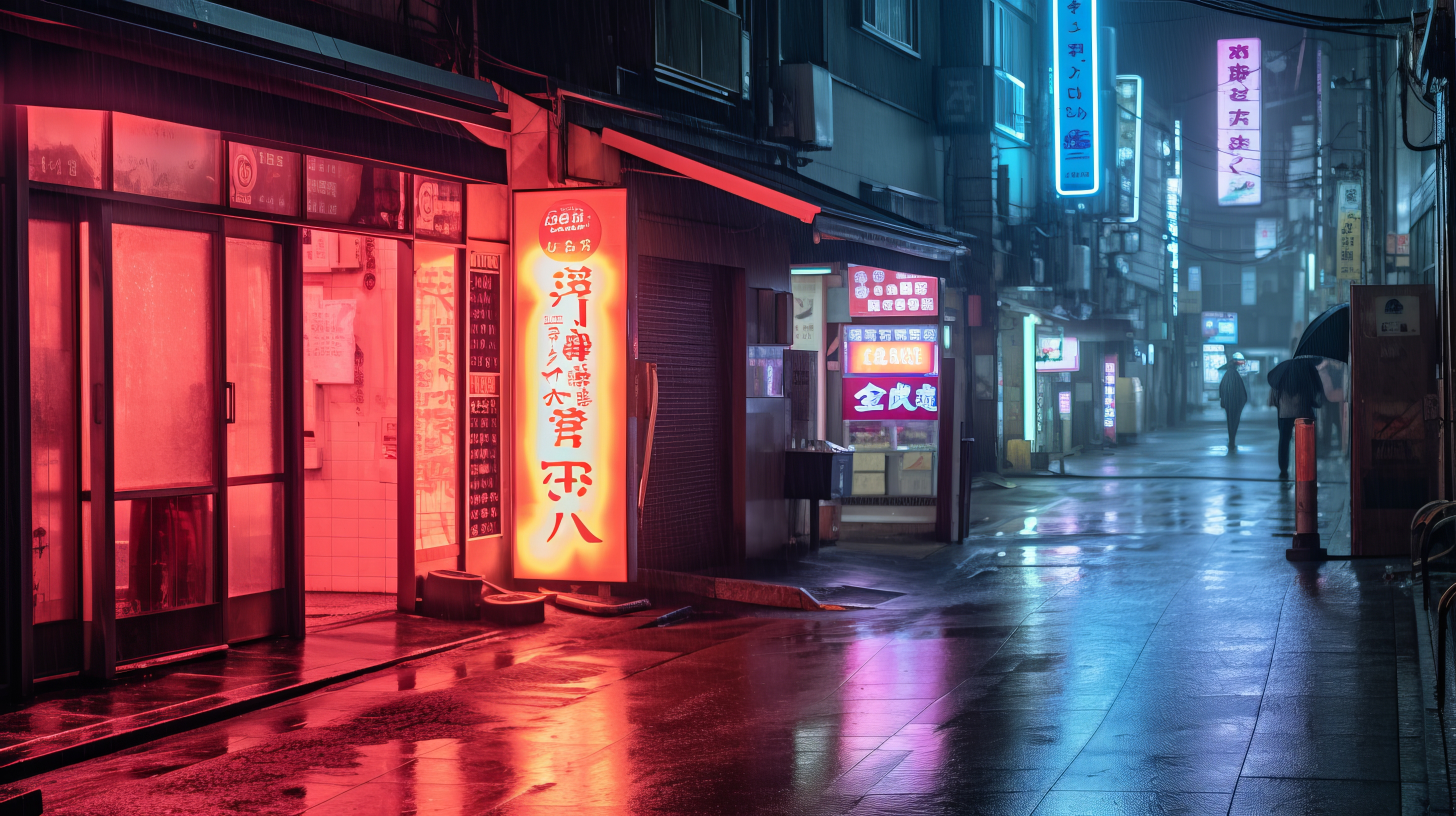 General 2912x1632 AI art city neon Tokyo street signs Japanese reflection building