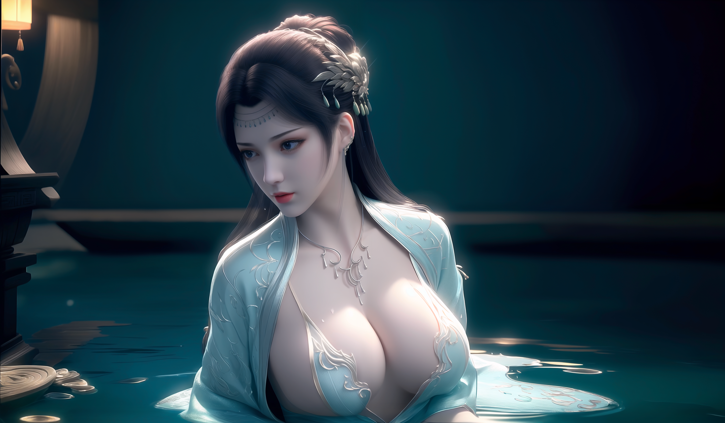 General 3072x1792 Battle Through the Heavens AI art cleavage CGI water looking away long hair in water big boobs Asian women