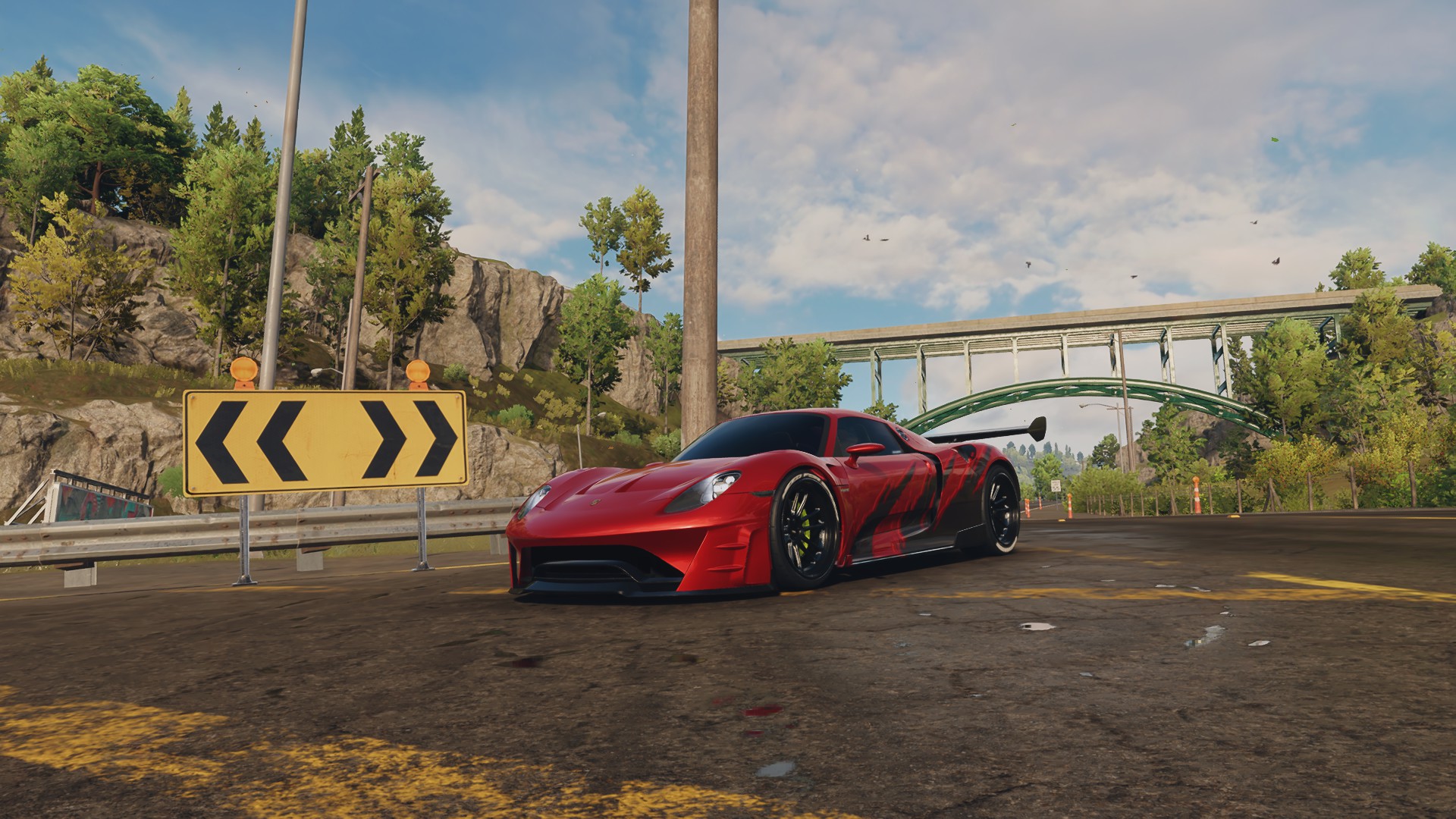 General 1920x1080 video games Need for speed Unbound car road bridge clouds sky screen shot Porsche 918 Spyder frontal view CGI trees