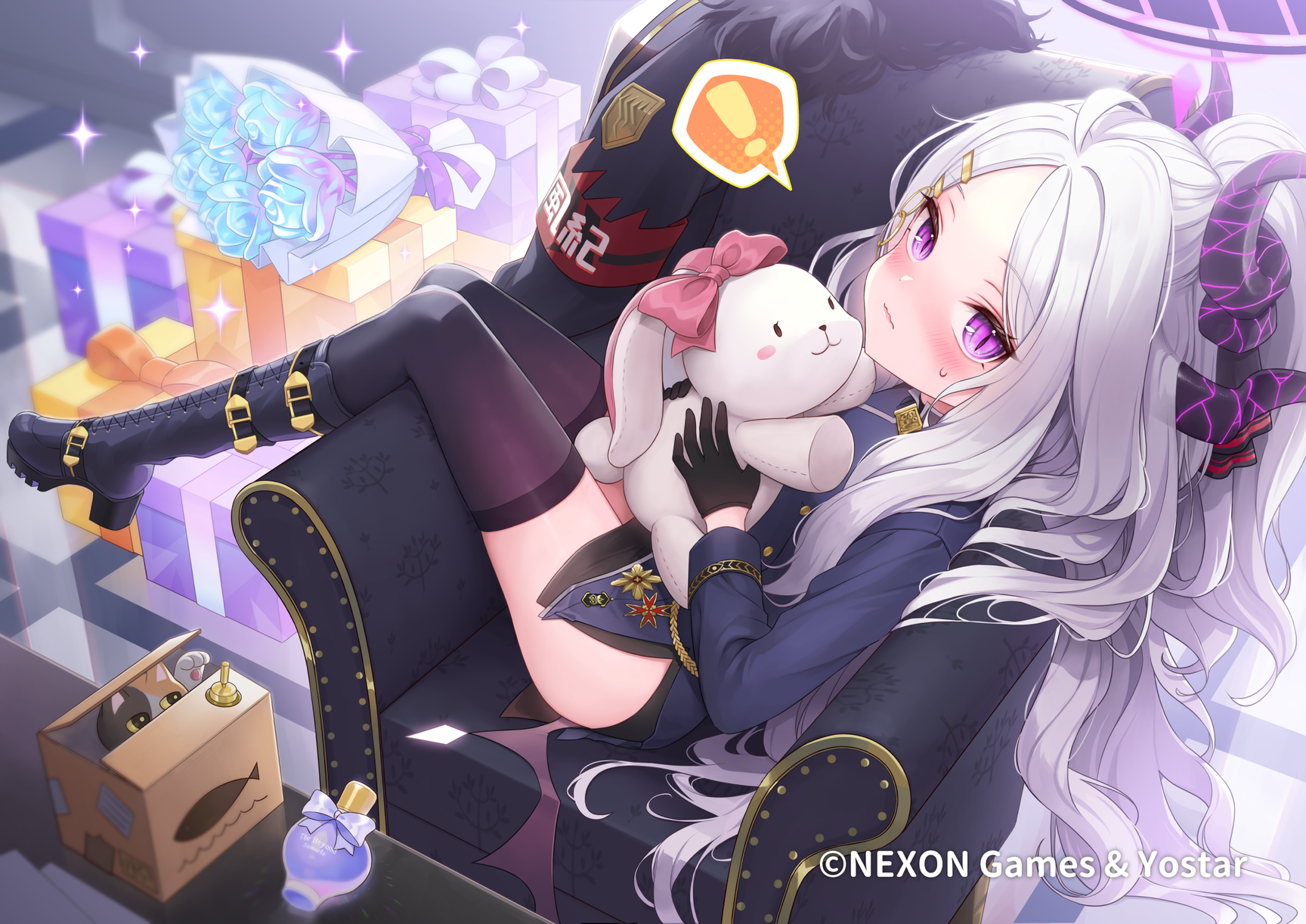 Anime 1728x1222 Blue Archive anime girls video game characters Sorasaki Hina (Blue Archive) white hair demon horns artwork purple eyes chair gloves stockings blushing long hair horns looking at viewer flowers stars bow tie presents