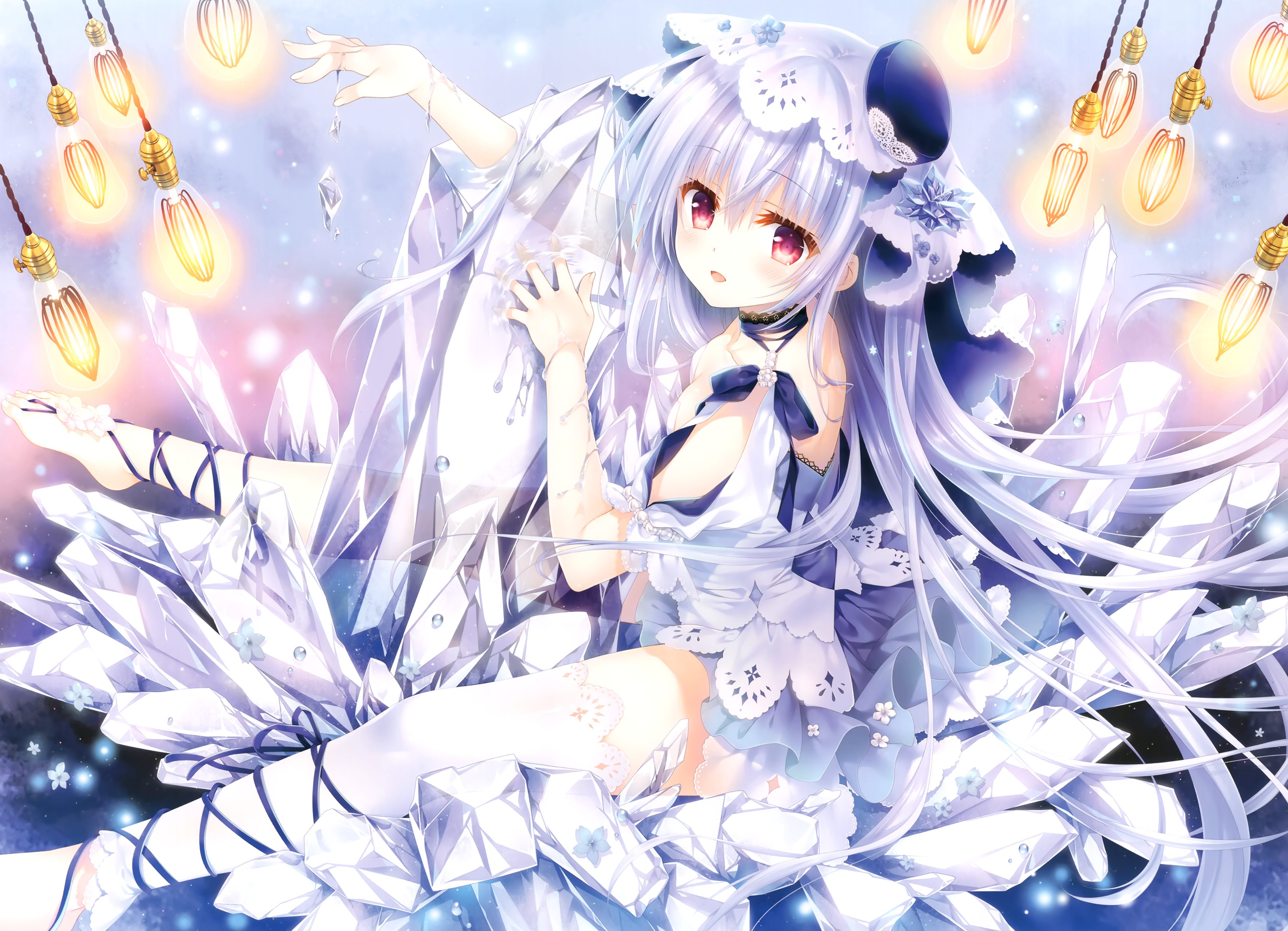 Anime 3577x2585 anime anime girls dress long hair looking at viewer crystal  flowers water drops stockings