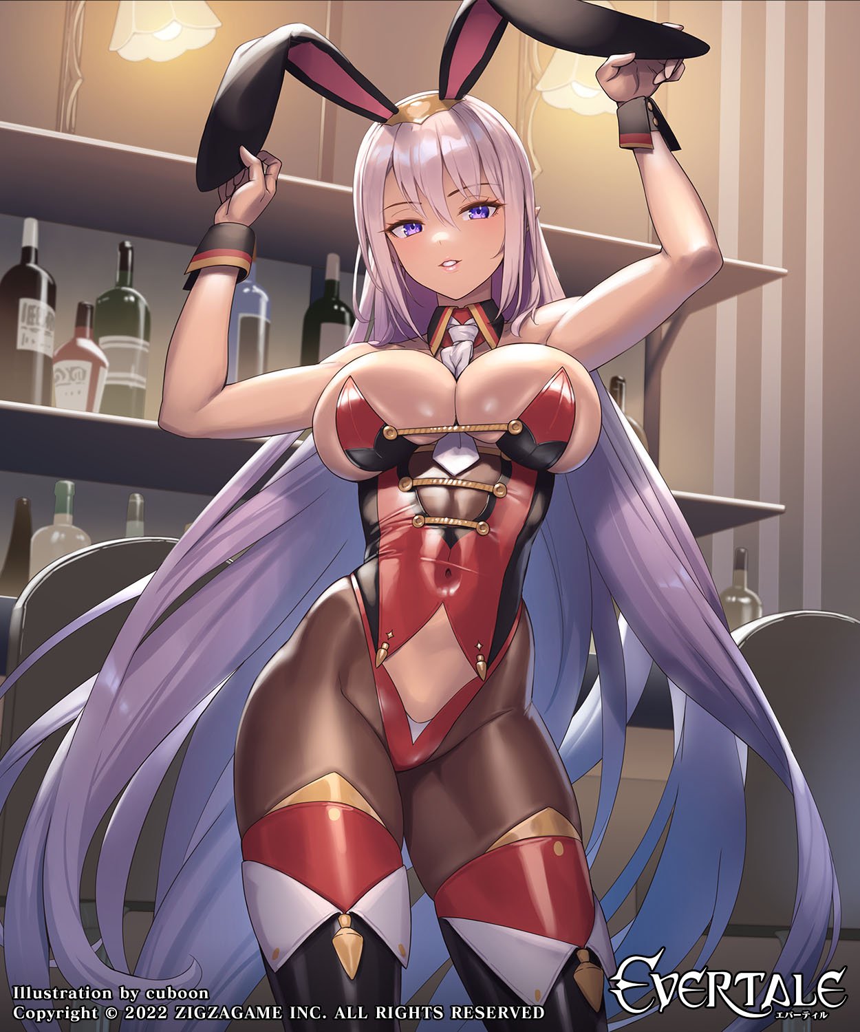 Anime 1250x1500 cuboon bunny ears portrait display anime girls big boobs long hair looking at viewer bunny suit drink bars Evertale huge breasts