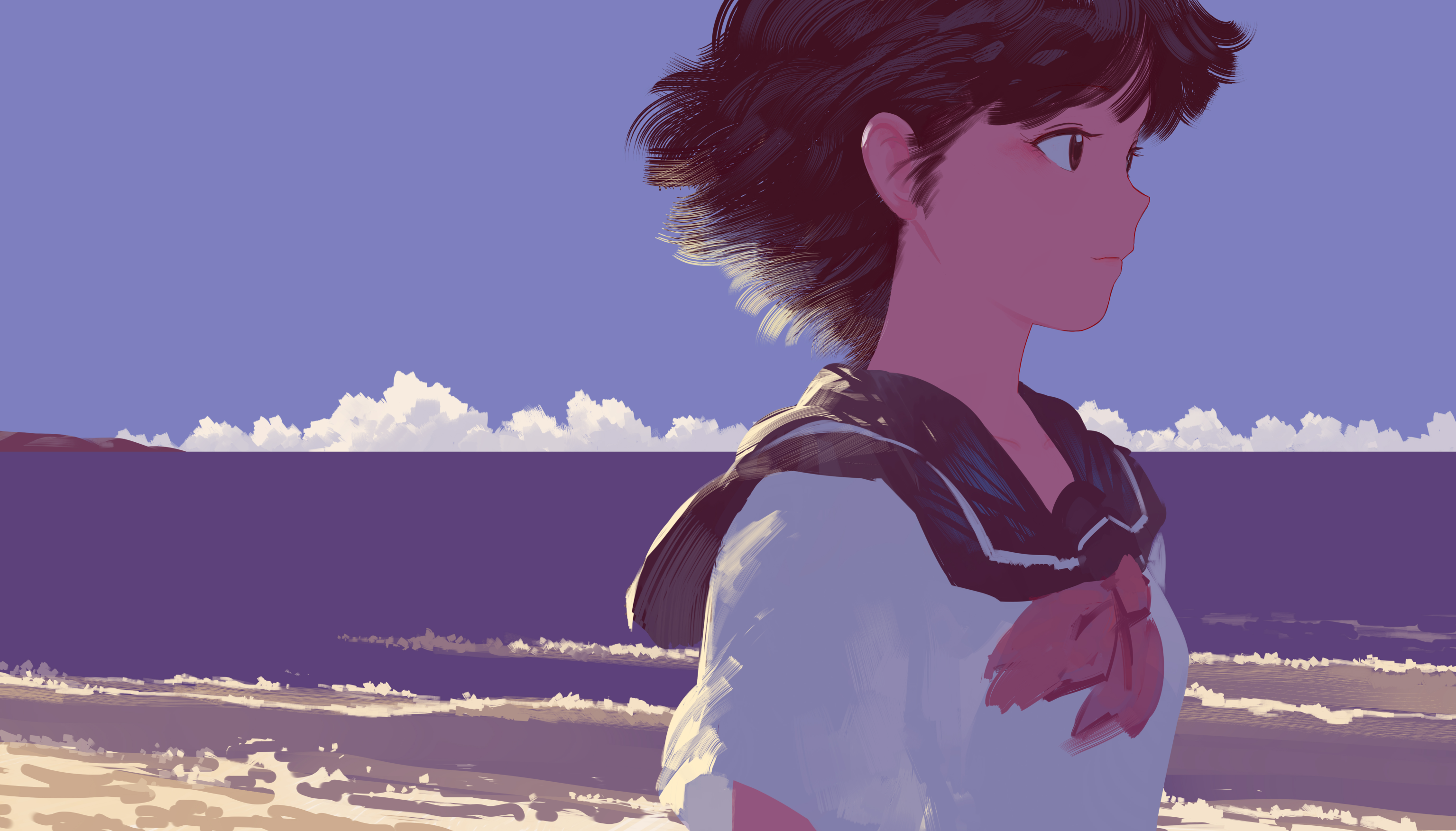 Anime 3070x1753 digital art artwork illustration anime anime girls women short hair dark hair school uniform landscape beach sea clouds minimalism looking away water schoolgirl