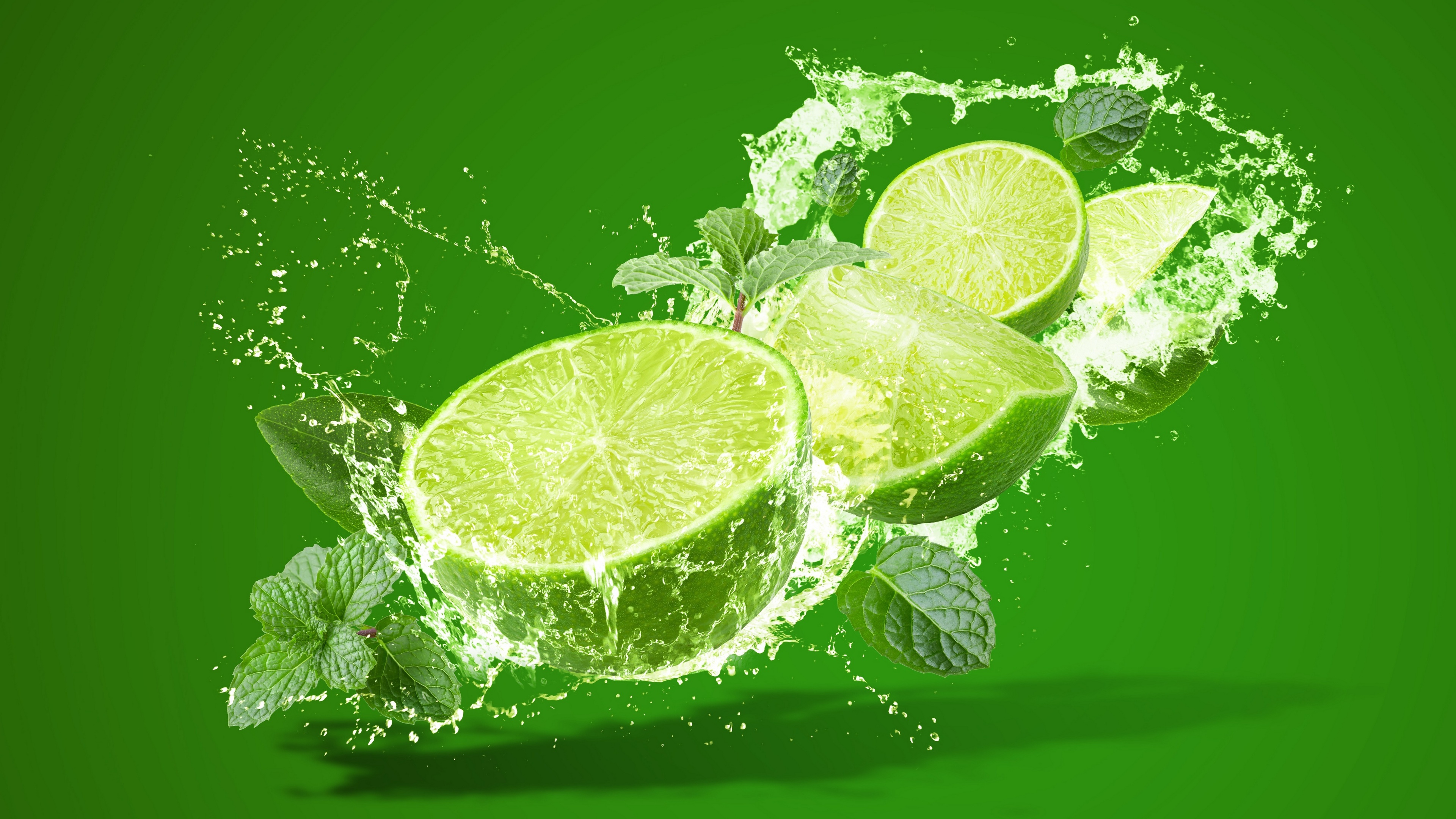 General 3840x2160 splashes water digital art fruit minimalism simple background green background leaves